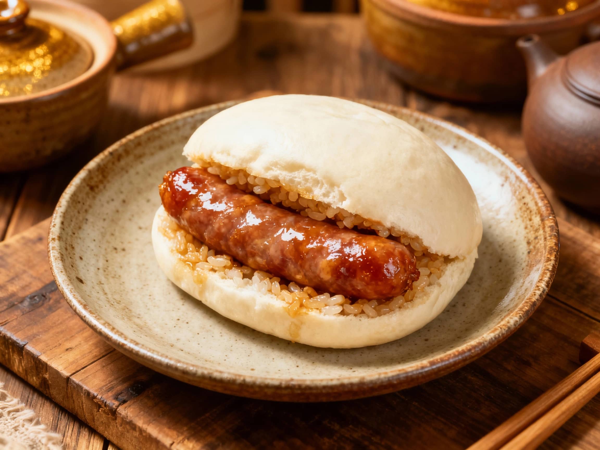 A grilled Taiwanese sausage is nestled inside a toasted sticky rice bun, brushed with a glistening glaze and garnished with fresh cilantro for a savory and slightly sweet street food delight.