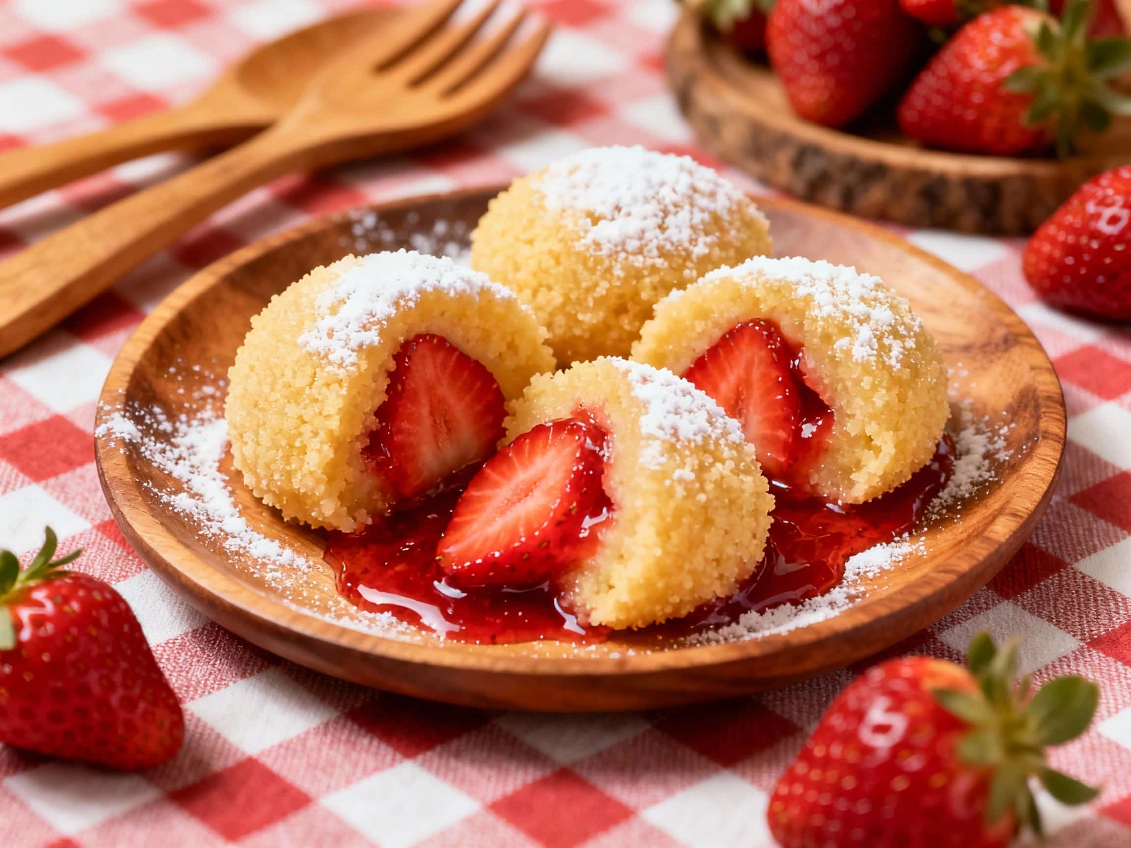 Warm, fluffy semolina dumplings studded with fresh strawberries are nestled together on a white plate, lightly dusted with powdered sugar and drizzled with strawberry sauce.