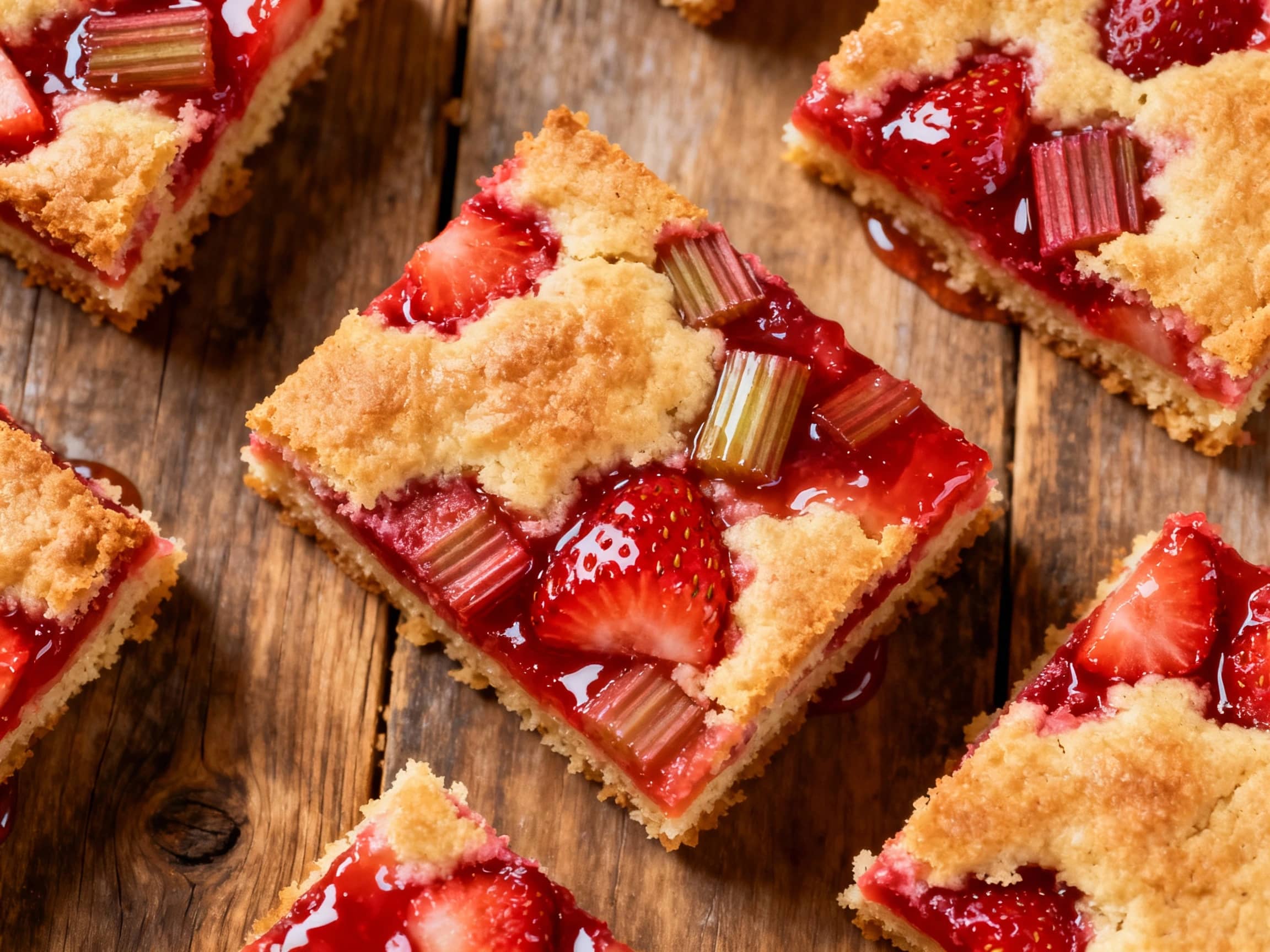 A close-up, overhead shot shows vibrant pink strawberry rhubarb squares arranged neatly on a cooling rack, dusted with powdered sugar, catching soft, natural light.