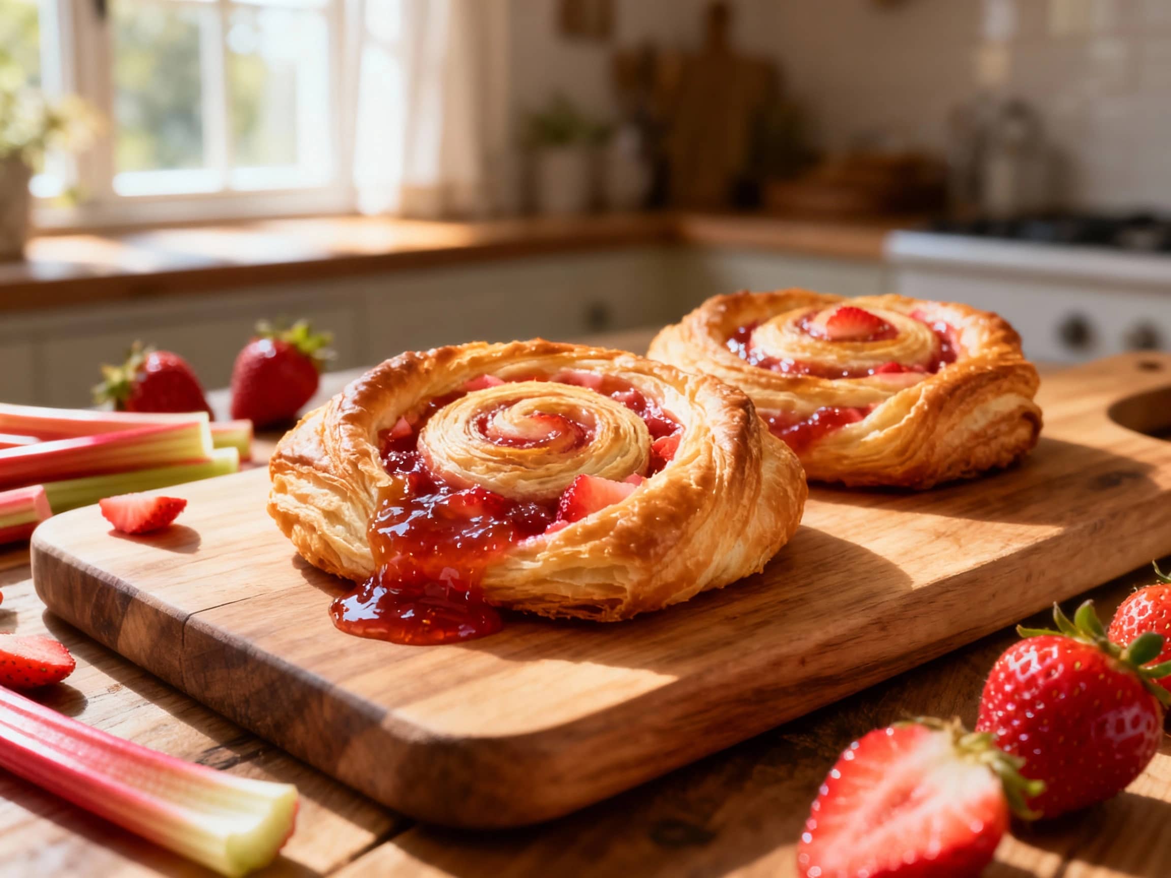 Golden-brown swirls of flaky pastry cradle a vibrant filling of sweet strawberries and tart rhubarb, dusted with powdered sugar for a delightful brunch treat.