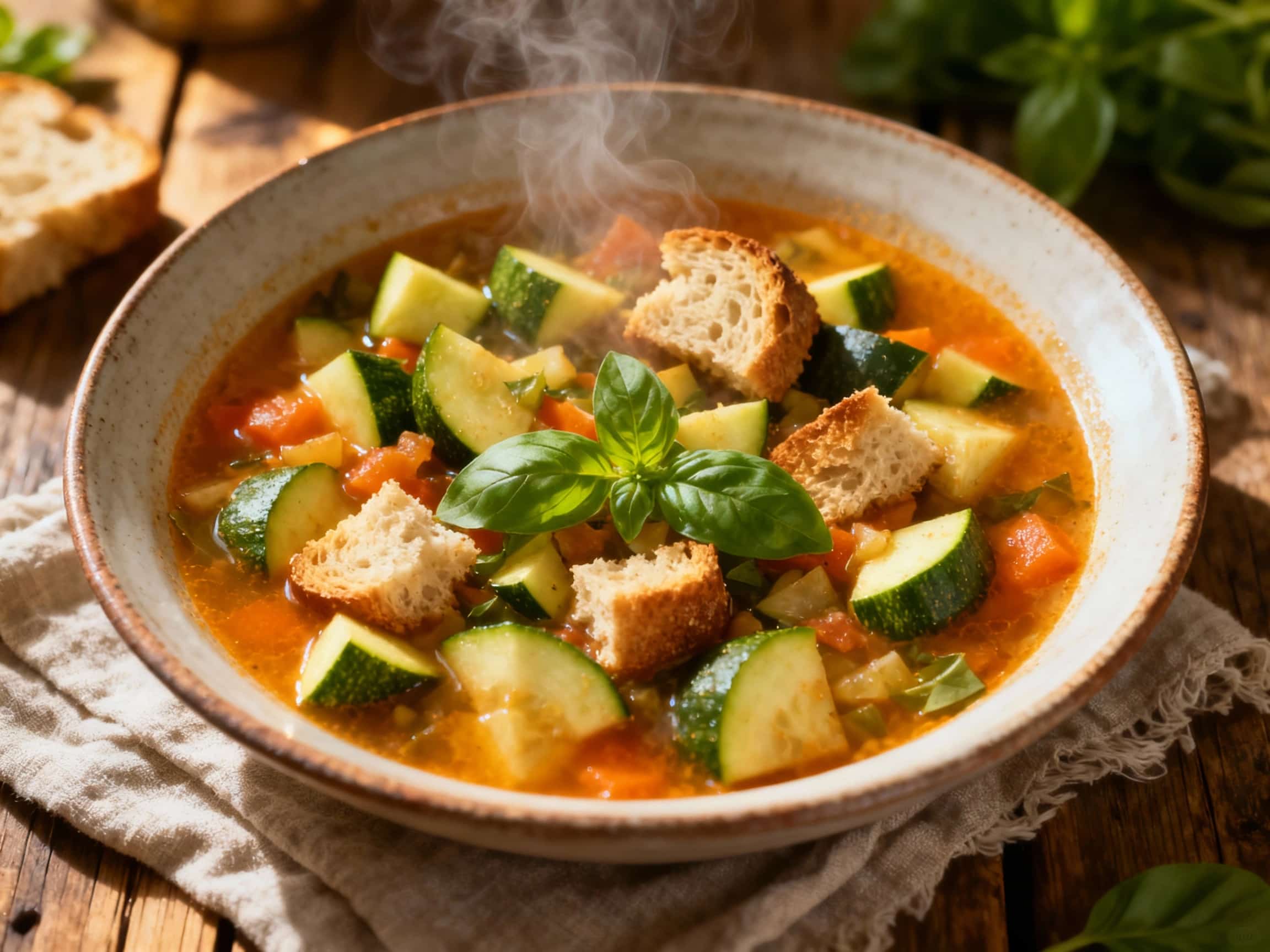 A rustic Tuscan soup brimming with summer vegetables, including tender zucchini and flecks of fresh basil, is served warm in a white bowl, showcasing its hearty peasant origins.
