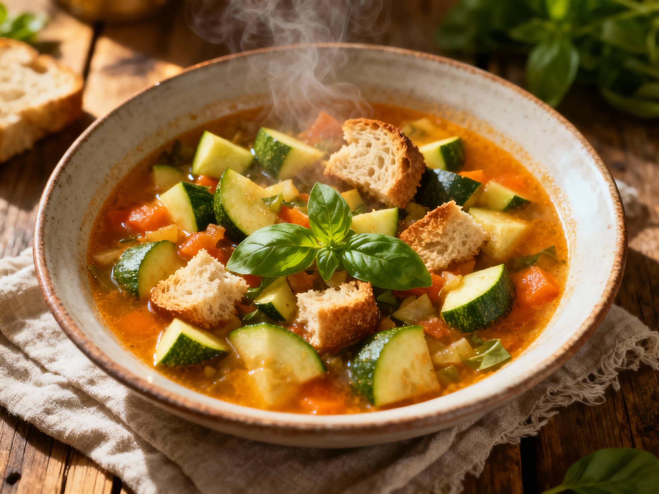 A rustic Tuscan soup brimming with summer vegetables, including tender zucchini and flecks of fresh basil, is served warm in a white bowl, showcasing its hearty peasant origins.