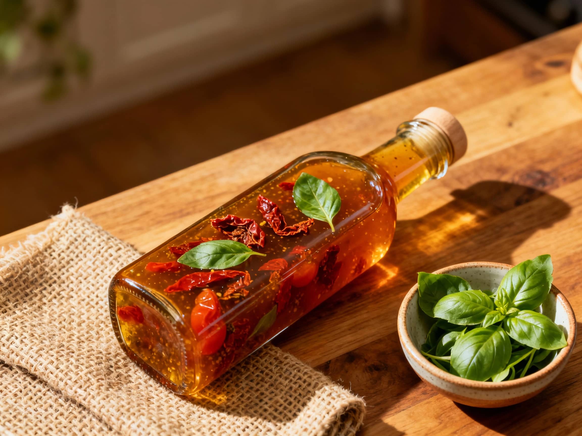 A vibrant, ruby-red vinaigrette is artfully drizzled over a fresh green salad, garnished with flecks of sun-dried tomatoes and fresh basil leaves.