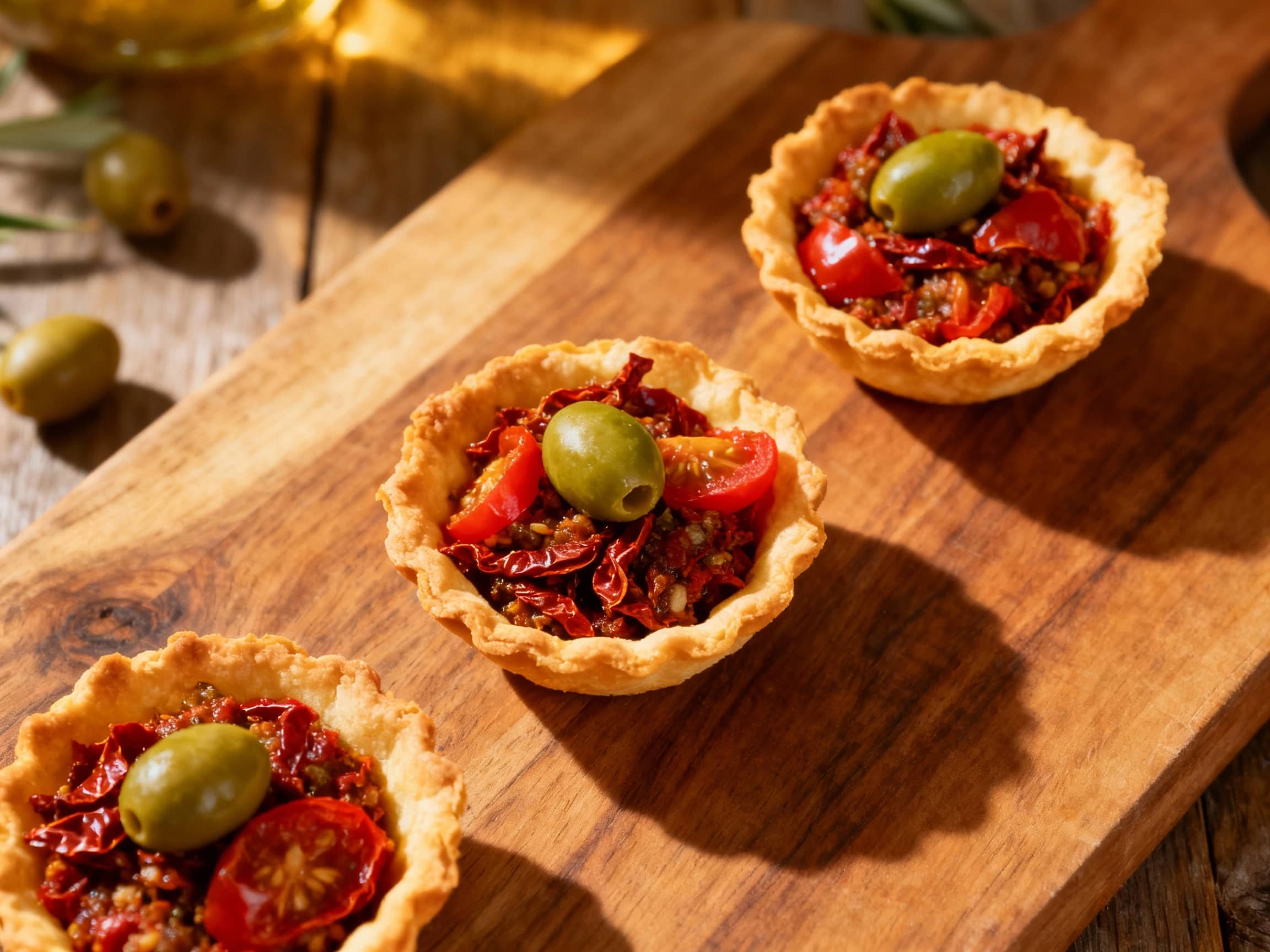 Golden-brown, bite-sized tart shells are brimming with a vibrant sun-dried tomato and green olive tapenade, artfully garnished with fresh parsley leaves.