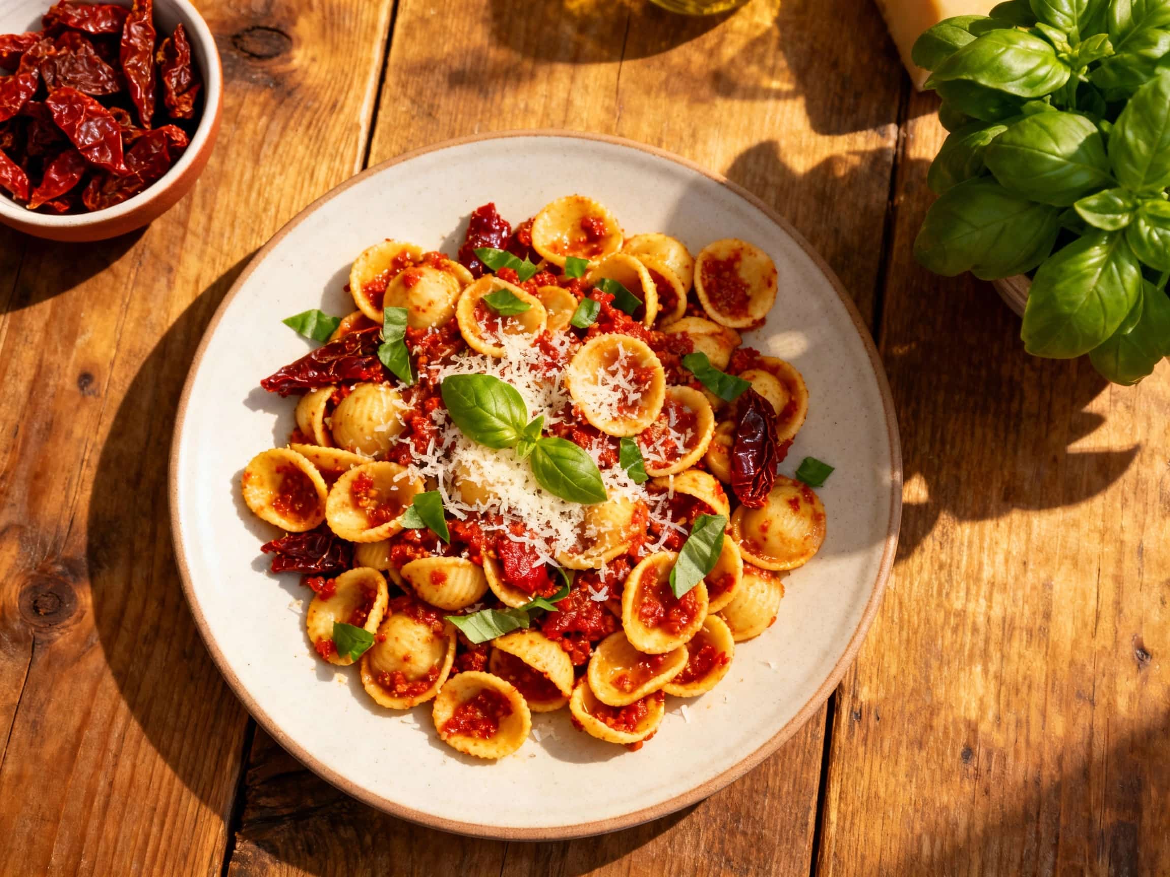 A glistening mound of orecchiette pasta, tossed in a vibrant sun-dried tomato pesto, sits in a rustic white bowl, garnished with fresh basil leaves and a sprinkle of Parmesan cheese.