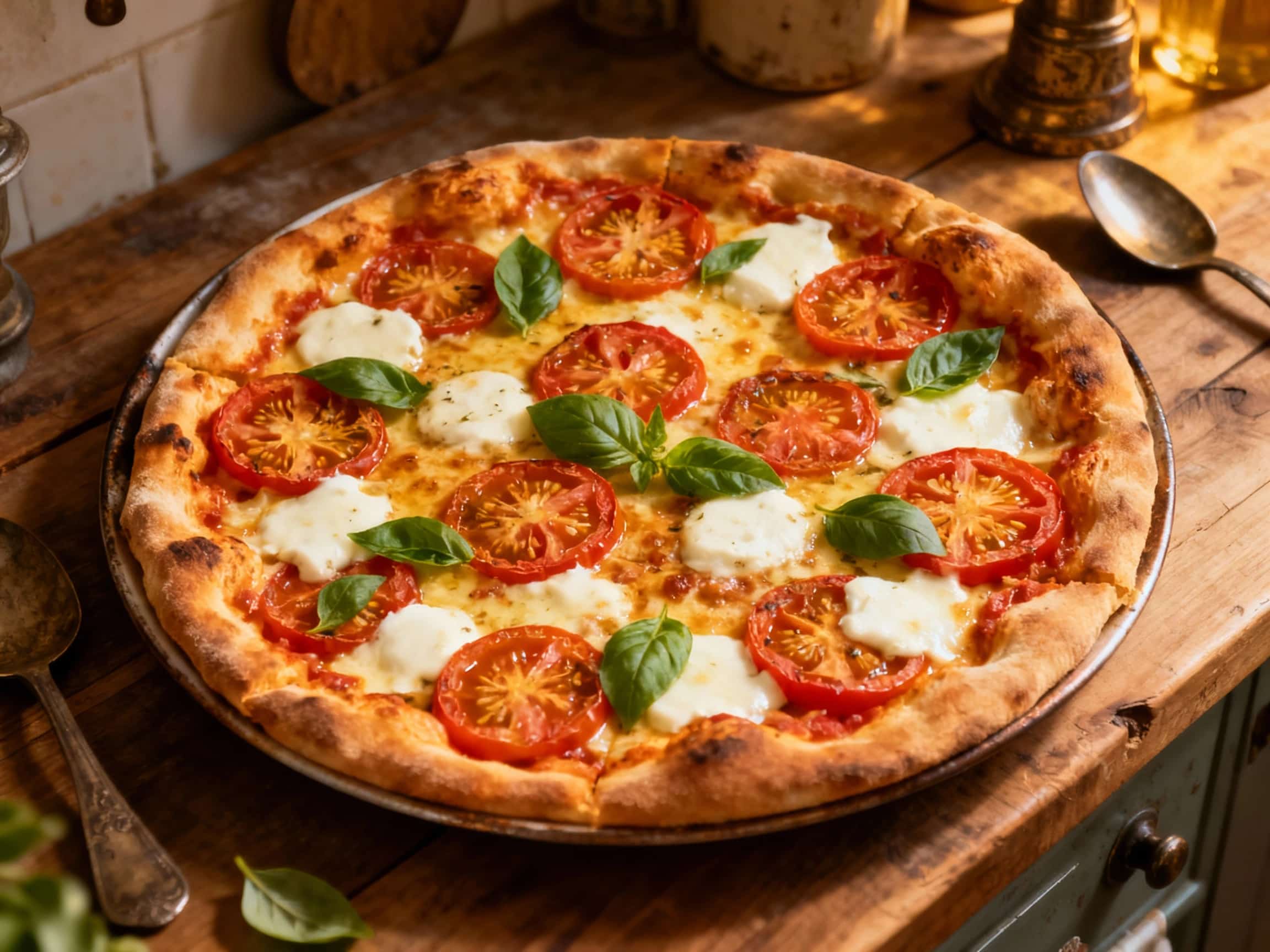 A rustic, golden-brown Grandma pizza, generously topped with bright red tomatoes, fresh green basil leaves, and melted mozzarella cheese, is presented attractively on a wooden cutting board.