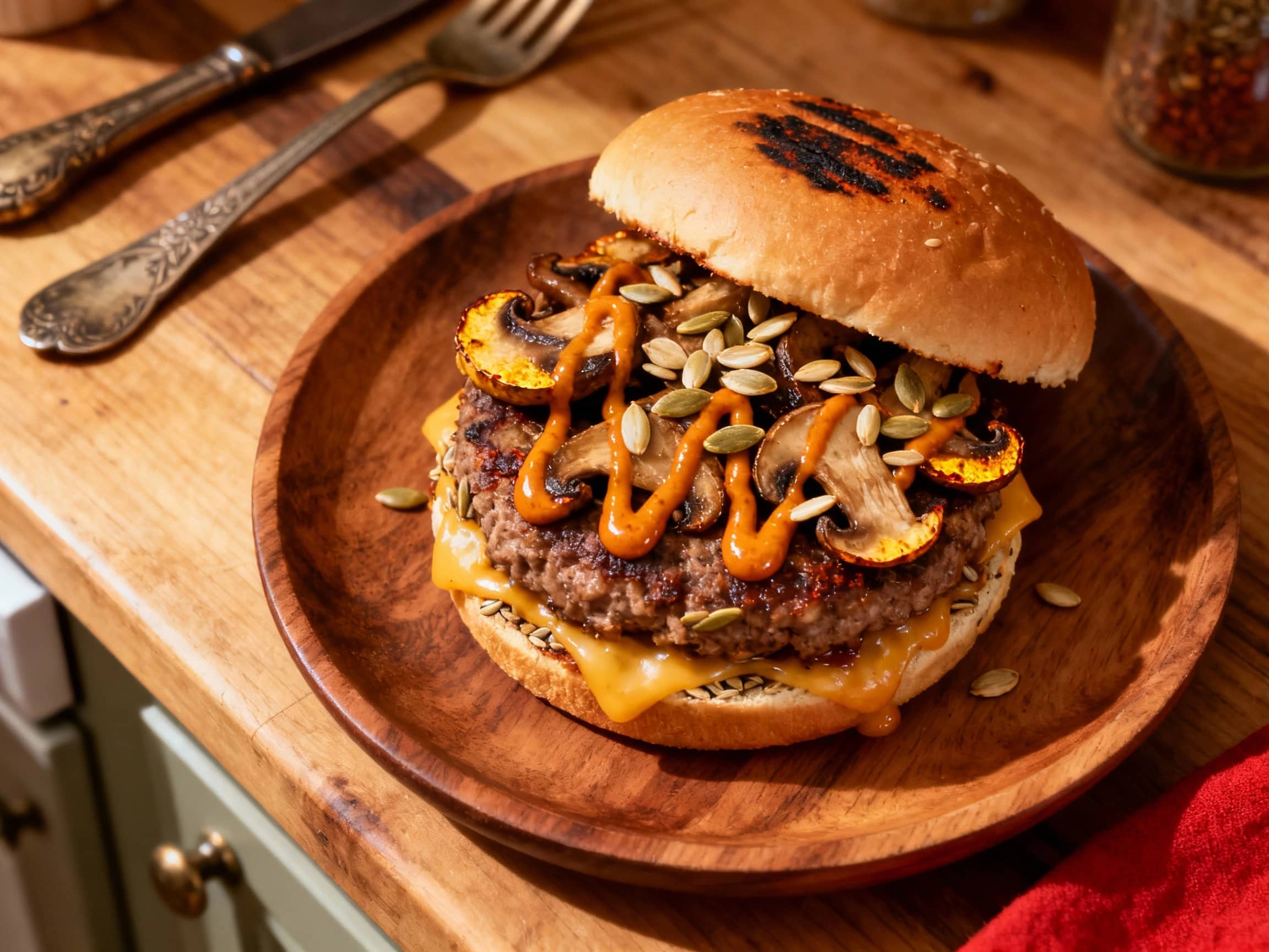 A golden-brown sunflower seed mushroom burger is nestled in a toasted bun, topped with crisp lettuce and a generous dollop of smoky chipotle mayo, ready for a delicious bite.