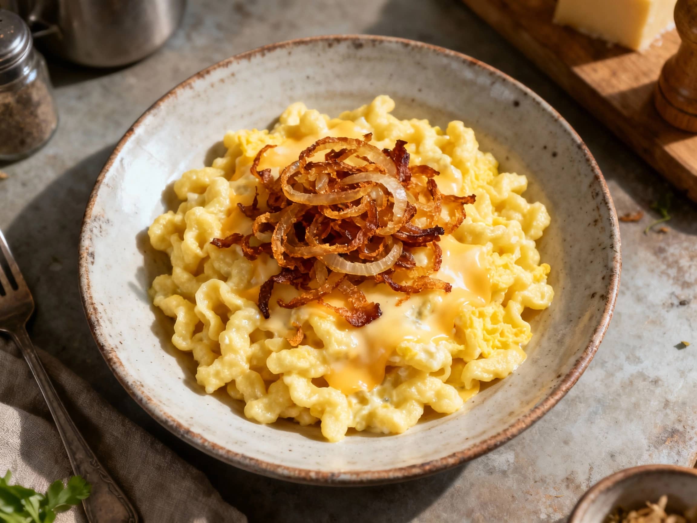 Golden, cheesy Spätzle is generously topped with shimmering, crispy fried onions, glistening with butter in a rustic, comforting dish.