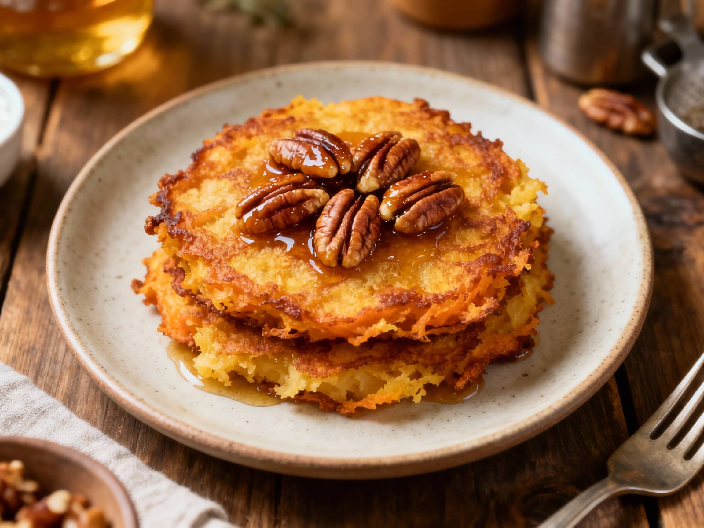Golden-brown sweet potato pancakes, topped with crunchy maple-candied pecans and a drizzle of syrup, shine under warm light on a rustic wooden board.