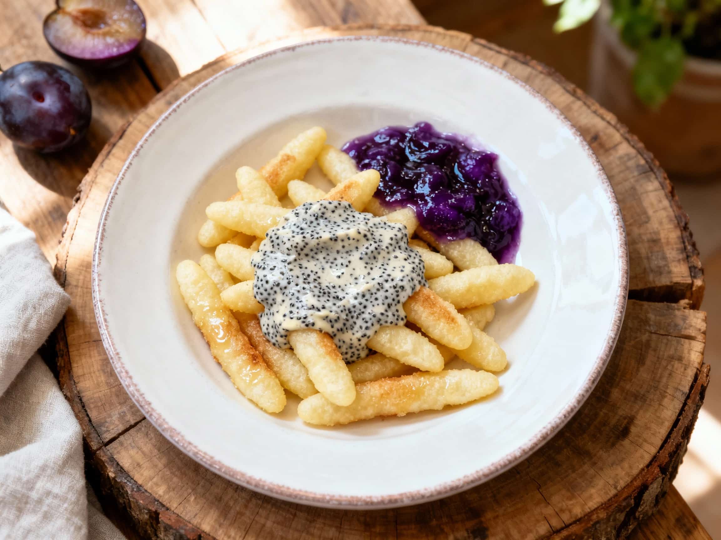 A rustic wooden board presents golden-brown, plump potato schupfnudeln tossed in glossy poppyseed butter, topped with a swirl of dark plum compote and a dusting of powdered sugar.