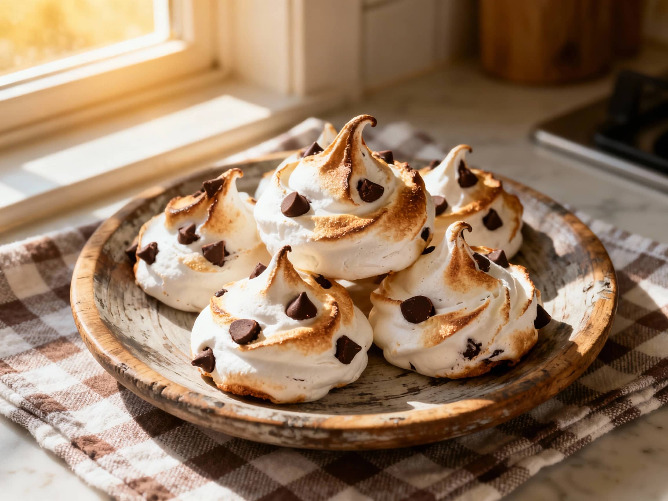 Delicate Swiss meringue kisses studded with dark chocolate chips are artfully arranged on a white ceramic plate, dusted with powdered sugar and cocoa for a sweet presentation.