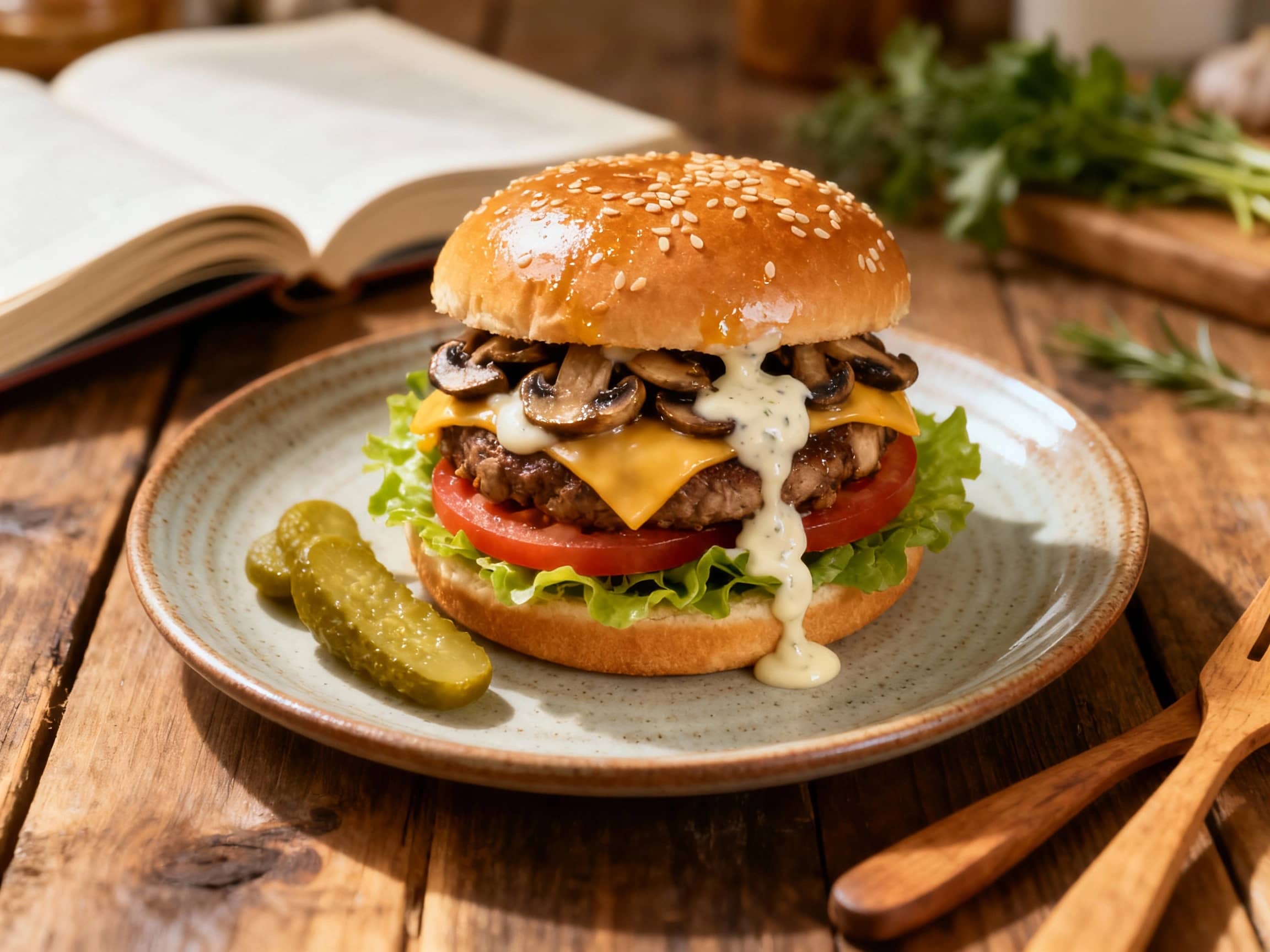 A gourmet Swiss mushroom burger sits on a rustic wooden board, topped with melted Gruyere, sautéed mushrooms, and a creamy garlic aioli, ready to be devoured.