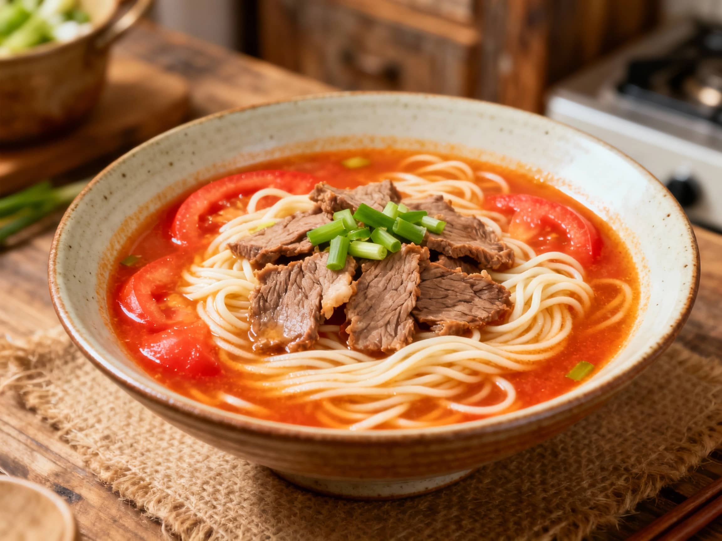 A steaming bowl of Taiwanese beef noodle soup, rich with tender beef and vibrant tomatoes, is presented artfully with fresh herbs, inviting a delicious, home-style meal.