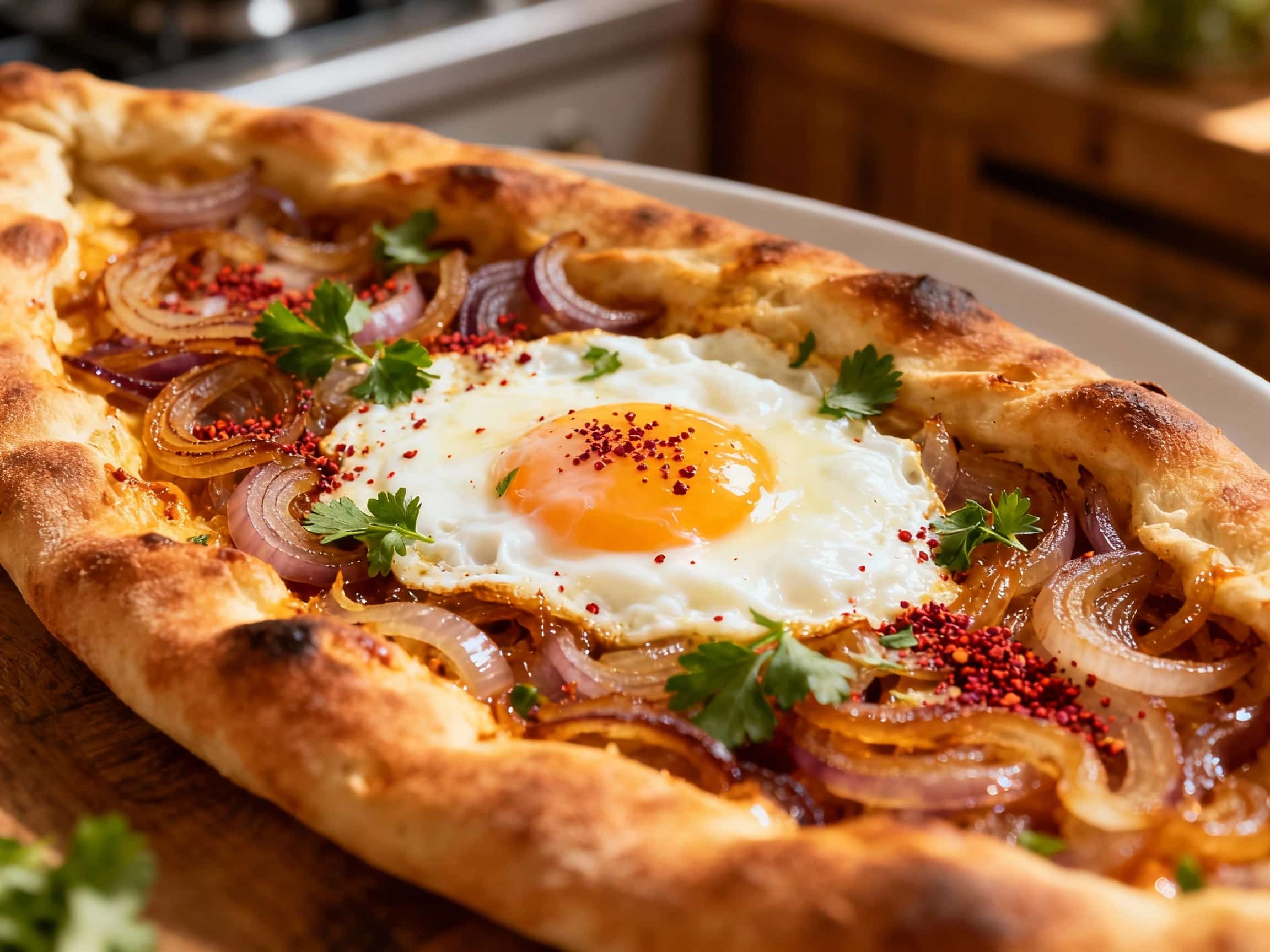 Fluffy, golden Turkish pide bread is topped with vibrant, glistening red sumac onions and a perfectly cooked sunny-side-up egg, garnished with fresh parsley for a delicious breakfast.