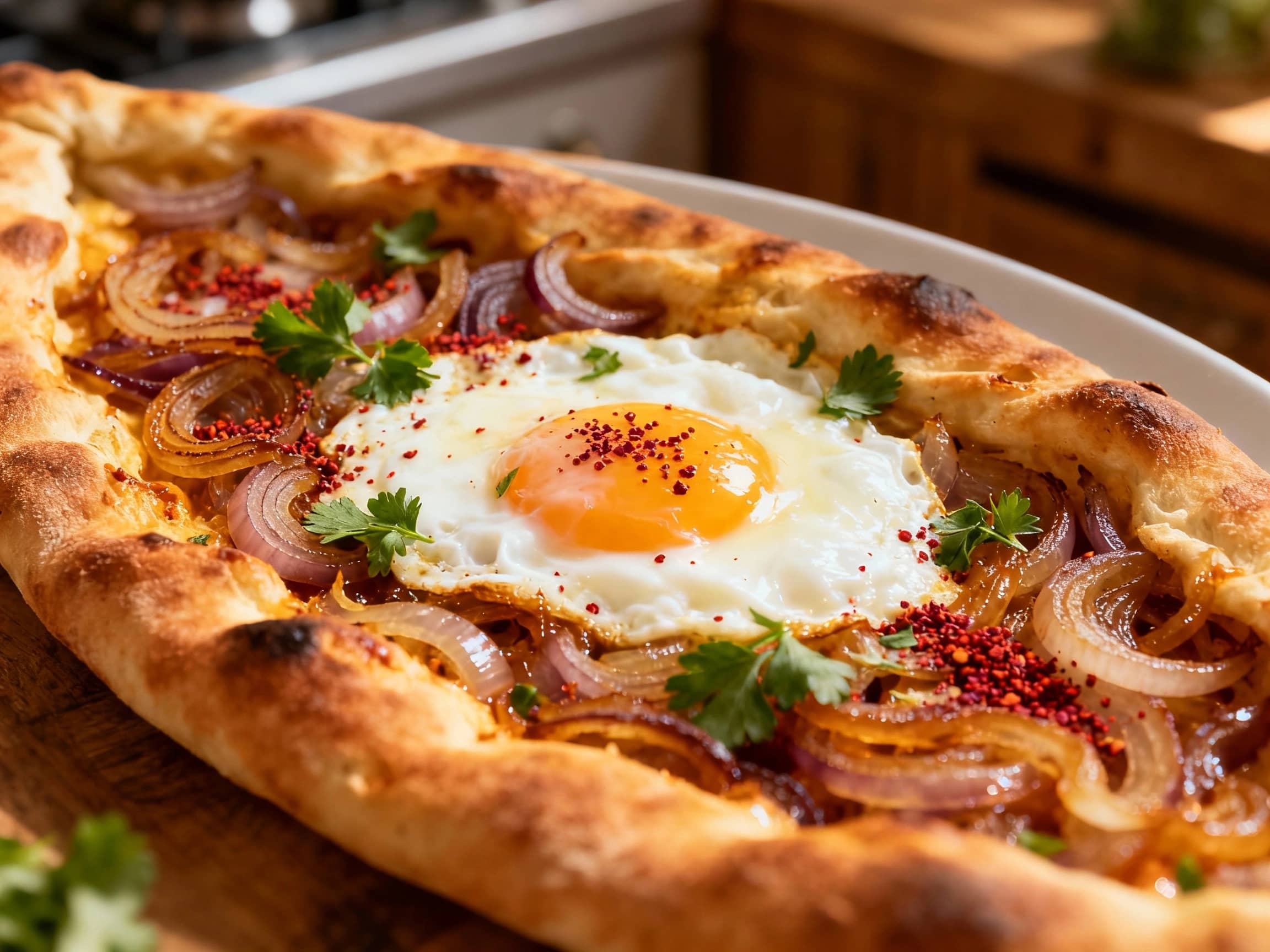 Fluffy, golden Turkish pide bread is topped with vibrant, glistening red sumac onions and a perfectly cooked sunny-side-up egg, garnished with fresh parsley for a delicious breakfast.