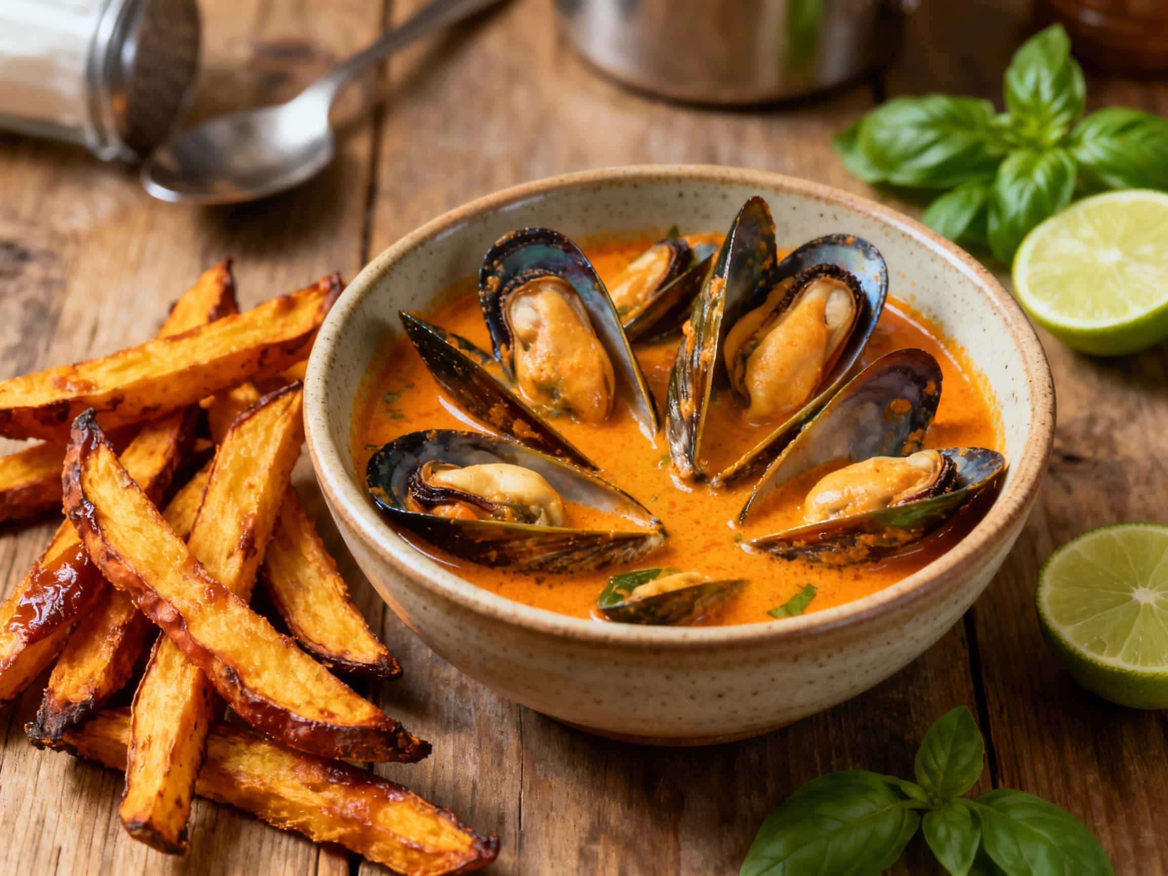 Plump, glistening mussels swim in a vibrant yellow Thai coconut curry sauce, garnished with fresh cilantro, served alongside oven-baked sweet potato fries on a rustic wooden board.