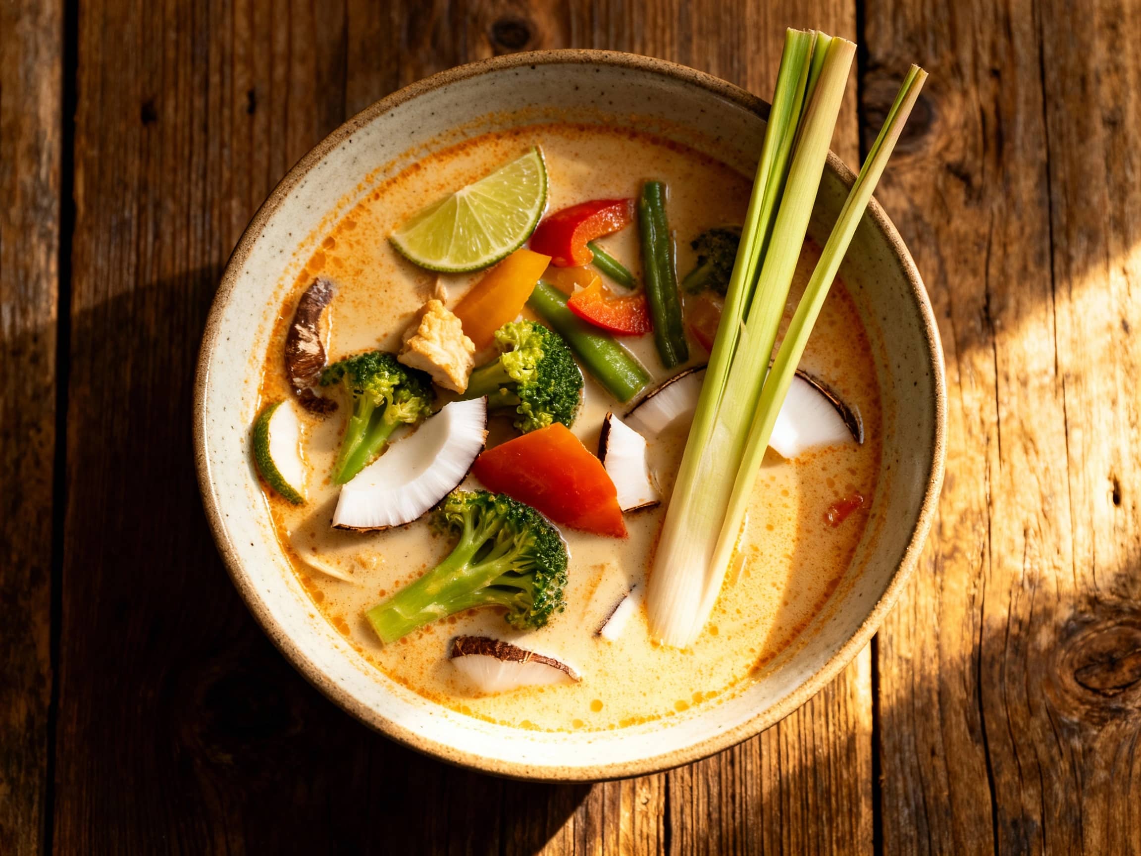 A vibrant bowl of Thai Coconut Vegetable Soup, presented beautifully with a clear, creamy broth showcasing colorful bell peppers, tender broccoli florets, and thinly sliced carrots. A fresh lime wedge rests on the rim of the bowl, and the soup is garnished with bright green cilantro, creating an appetizing and healthy visual. The scene suggests a fragrant, warming, and comforting meal.