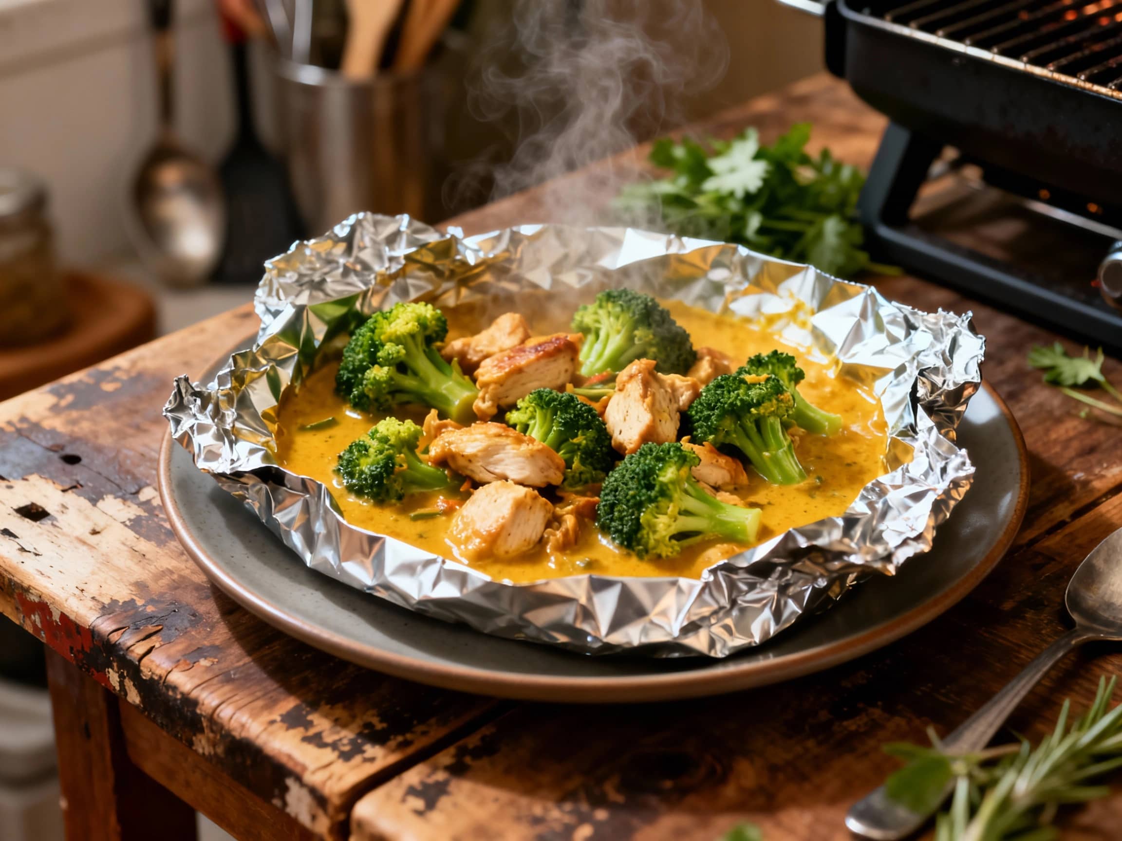 Four opened foil packets artfully arranged on a rustic wooden table. Each packet is bursting with steaming Thai curry chicken and vibrant green broccoli florets, nestled in a rich, aromatic coconut curry sauce with red bell pepper. Fresh cilantro and bright green lime wedges garnish the dish, inviting the viewer to enjoy a flavorful and comforting meal.