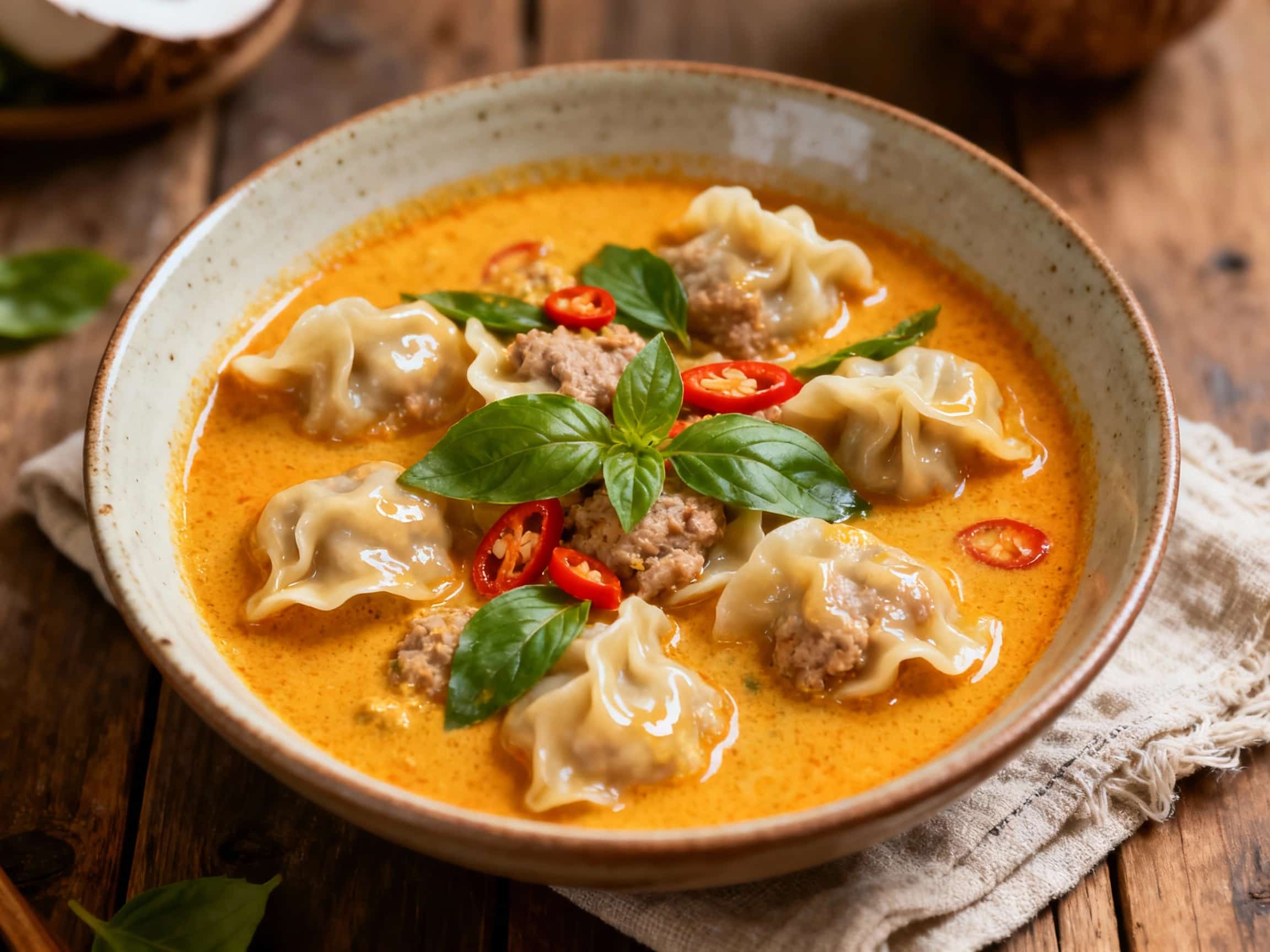 Steaming Thai curry pork dumplings float in a creamy coconut broth, garnished with fresh cilantro and a hint of red chili, creating a vibrant and inviting dish.