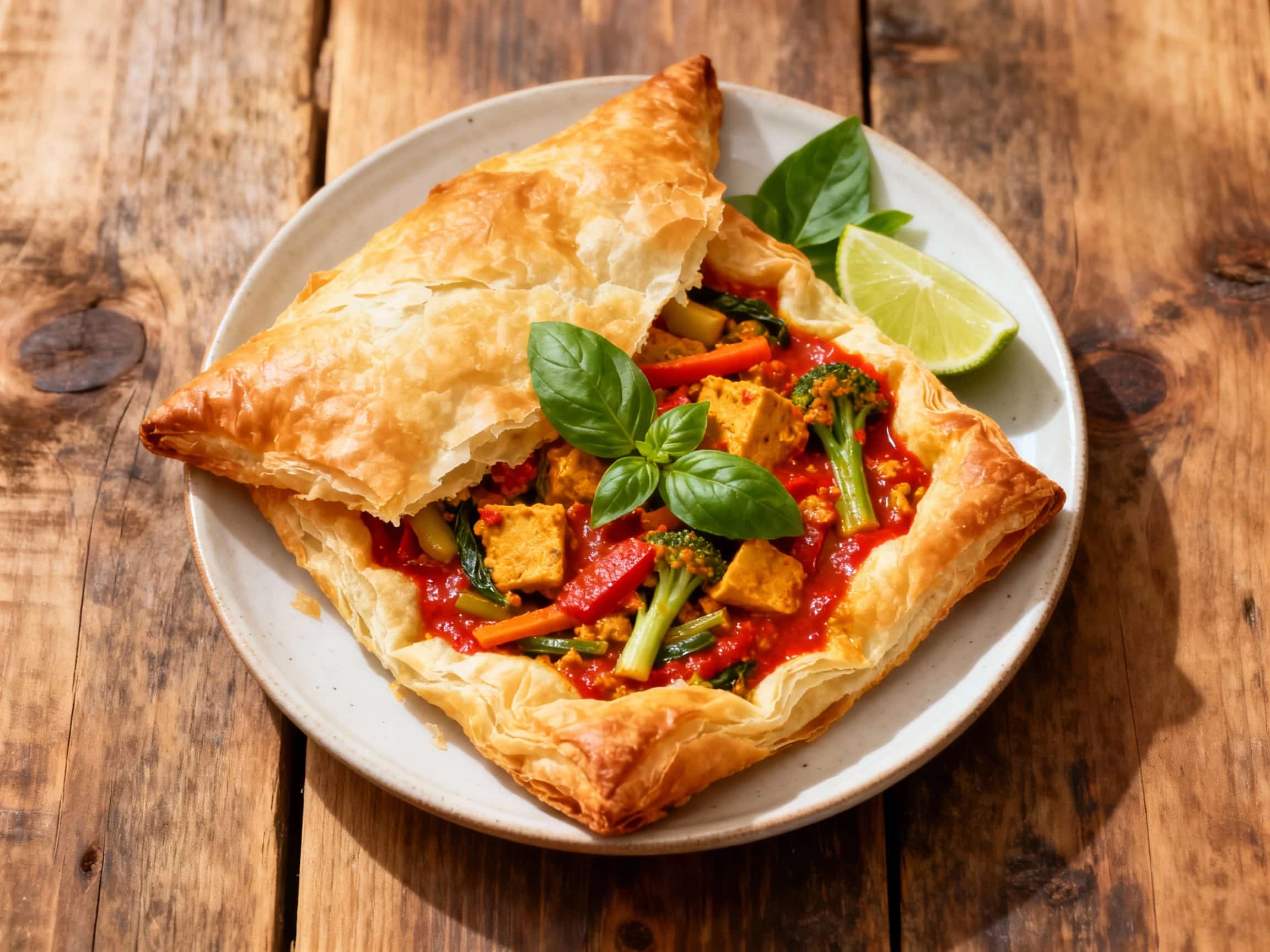 An inviting spread of golden, flaky Thai Curry Vegetable Puff Pastries arranged on a rustic dark wooden cutting board. The pastries are triangular, with crimped edges, showcasing their crisp, buttery crust and hints of the vibrant red curry vegetable filling inside. Sprigs of fresh green cilantro are casually scattered around, and a bright green lime wedge sits beside the pastries, adding a touch
