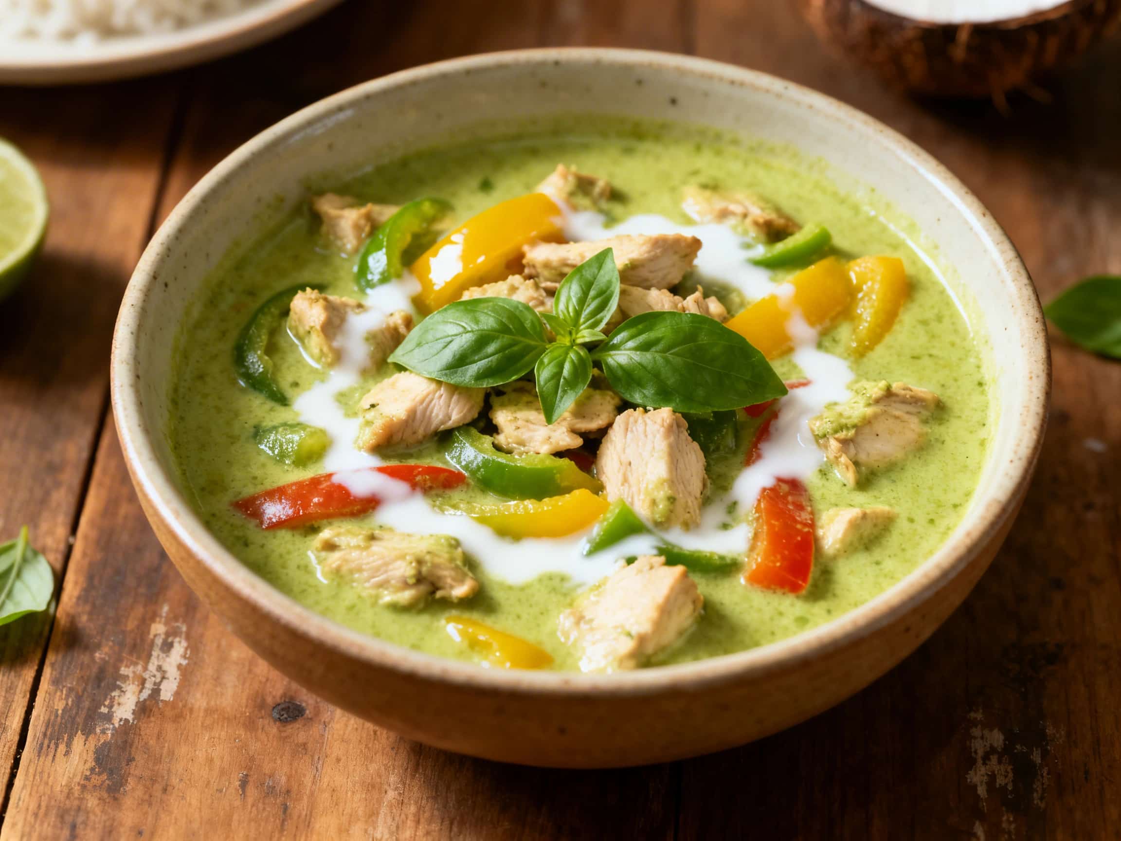A steaming, vibrant bowl of Thai Green Curry Chicken and Coconut Stew, served over fluffy basmati rice, shows tender chicken pieces, bright green bell peppers, and sliced bamboo shoots submerged in a rich, creamy green curry sauce. The meal is presented in a rustic ceramic bowl on a wooden surface, evoking warmth and comfort.