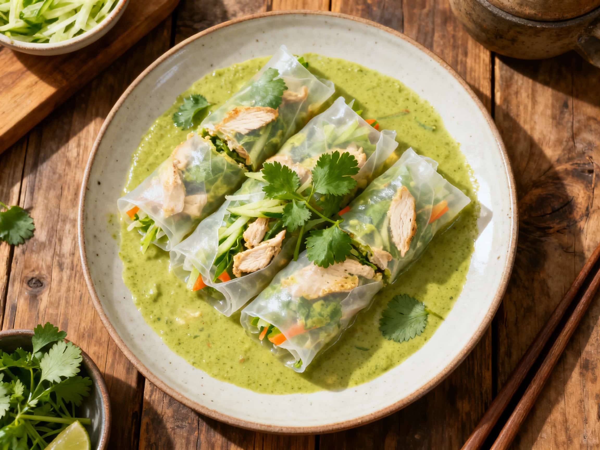 A platter of freshly made Thai green curry chicken rice paper rolls, each roll perfectly translucent and revealing the colorful filling of julienned carrots, cucumber, red bell pepper, green curry chicken, and fresh basil and cilantro. The rolls are arranged neatly, some cut in half to showcase the vibrant cross-section. Beside them are two small ceramic bowls, one holding a creamy brown peanut di