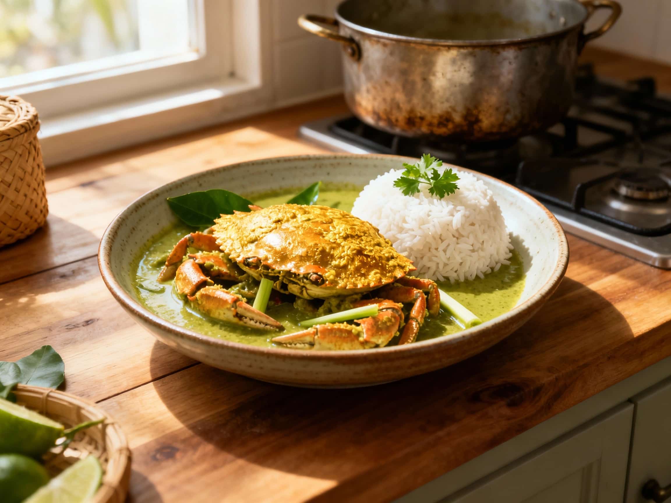 Tender crab meat in a vibrant green curry sauce is served alongside fluffy coconut rice, garnished with fresh Thai basil and chili slices, creating a visually appealing and aromatic dish.