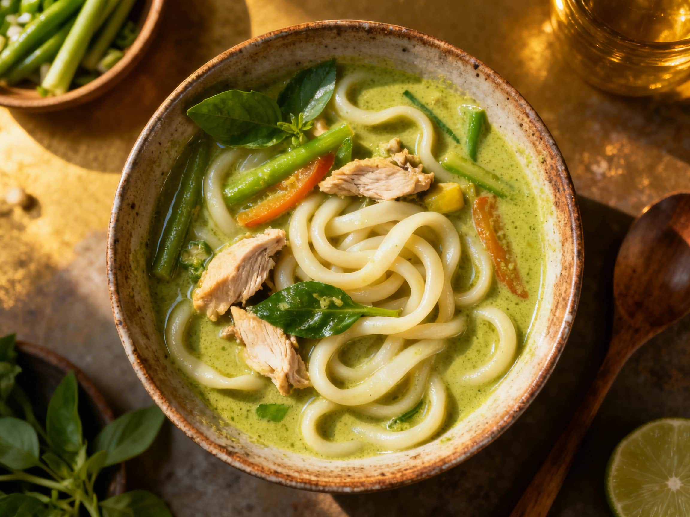 A vibrant and aromatic Thai green curry udon soup in a rustic ceramic bowl. Thick udon noodles are immersed in a creamy, emerald-green broth. Visible are tender chicken pieces, bright green snow peas, and fresh Thai basil leaves, with a wedge of lime delicately placed on the bowl's edge, highlighting the dish's fresh and comforting appeal.
