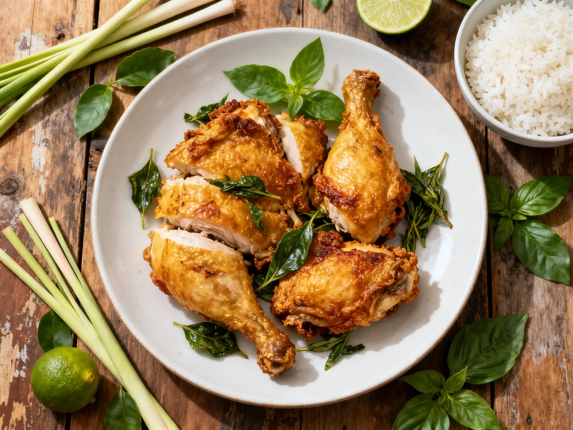 A rustic ceramic plate showcasing several pieces of golden-brown crispy Thai herb fried chicken, infused with aromatic lemongrass, kaffir lime, and cilantro. Alongside, a portion of fluffy white sticky rice sits in a small woven basket. The dish is garnished with fresh lime wedges and cilantro, with a small bowl of sweet chili sauce for dipping, all presented under warm, natural lighting that high