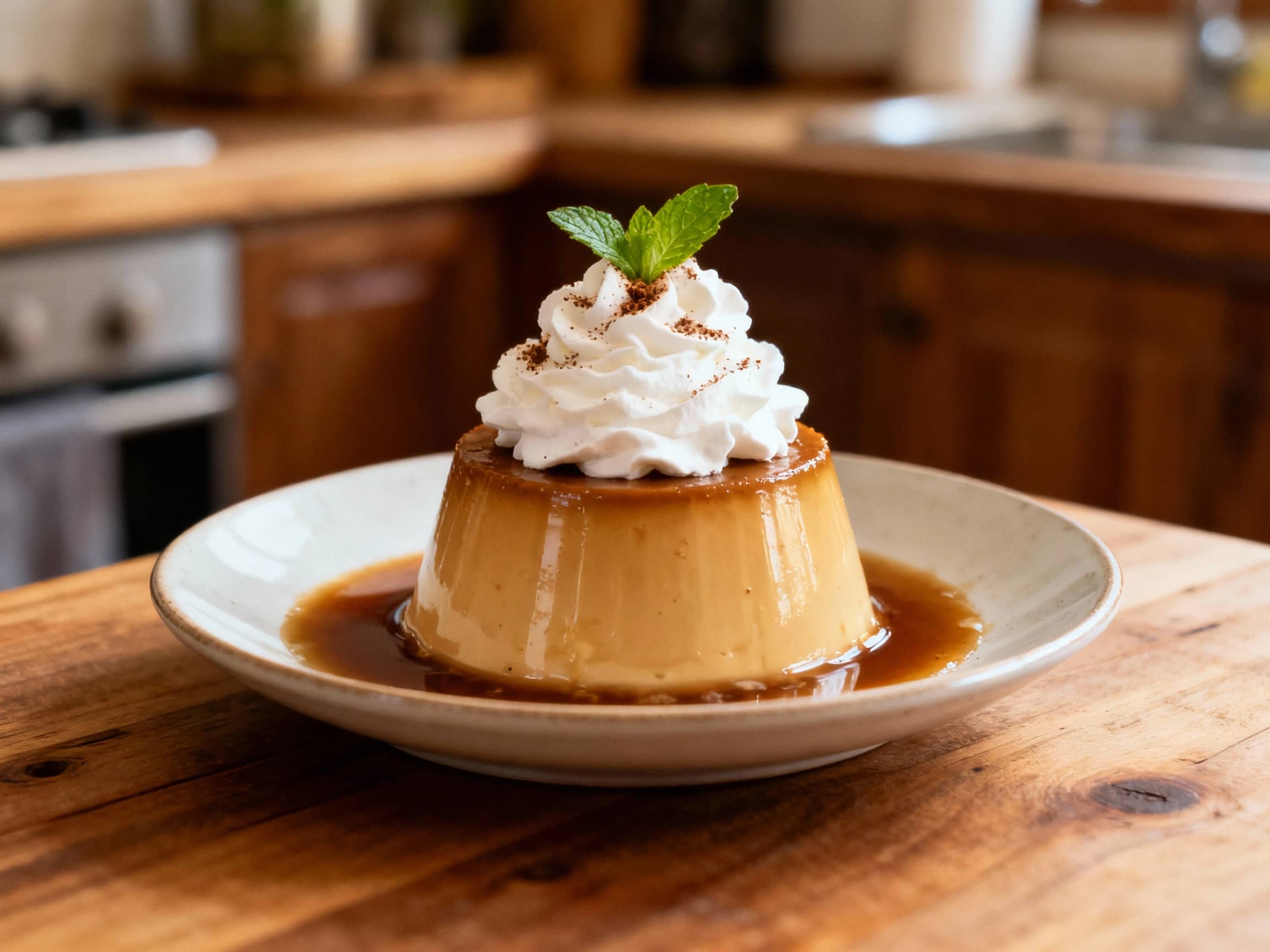 A chilled dessert of dark, rich Thai iced coffee puddings is topped with fluffy whipped cream and a sprinkle of coffee grounds, presented on a white plate.