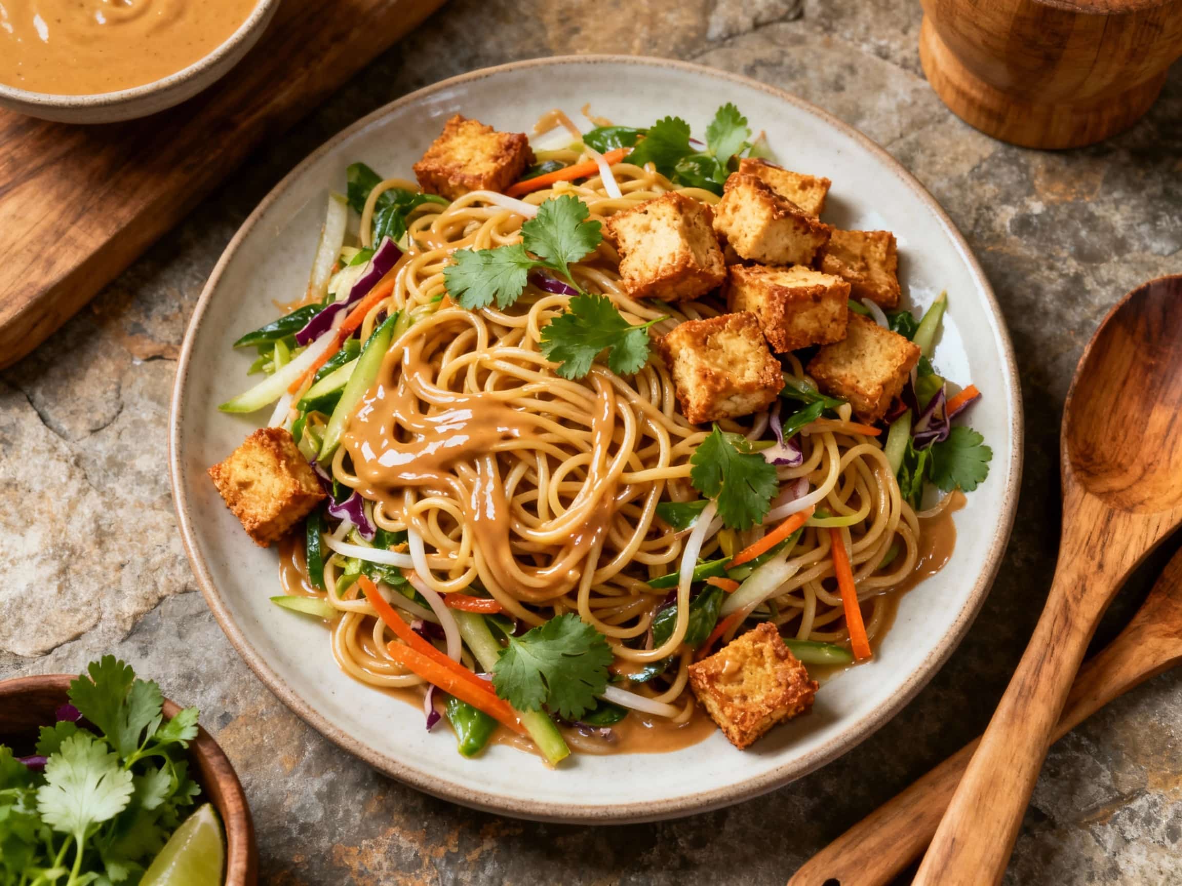 A colorful Thai Peanut Noodle Salad in a ceramic bowl, featuring long, glistening rice noodles tossed in a rich peanut sauce. Crispy golden tofu cubes are nestled among vibrant shredded carrots, bright green edamame, and thinly sliced red bell peppers. The salad is garnished with fresh green cilantro and a generous sprinkling of chopped peanuts, creating an appetizing and textural feast. The dish