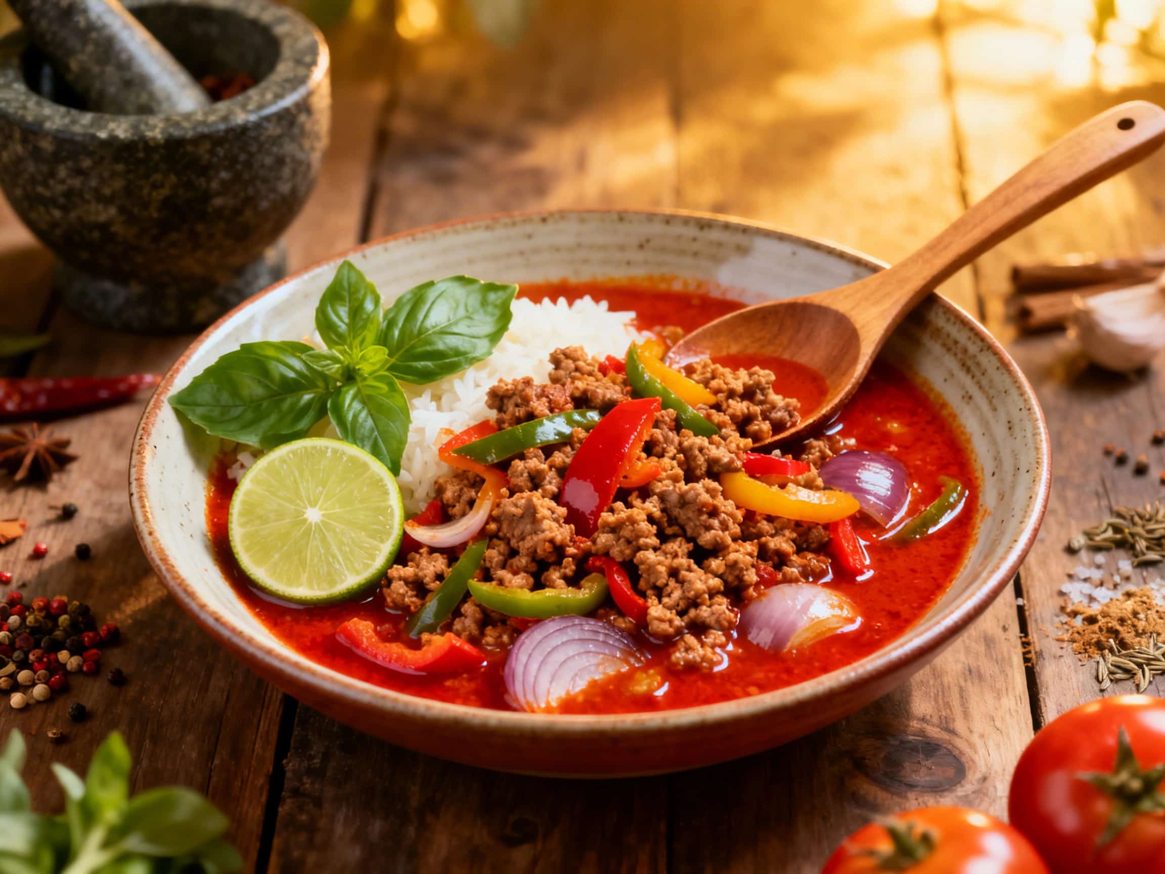 A rich and colorful Thai Red Curry Ground Beef dish, served in a ceramic bowl over fluffy jasmine rice. The curry features tender ground beef, bright red and yellow bell peppers, and crisp green snap peas in a creamy, aromatic coconut sauce. It's garnished with fresh basil and a lime wedge, appealing to both the eye and the palate.