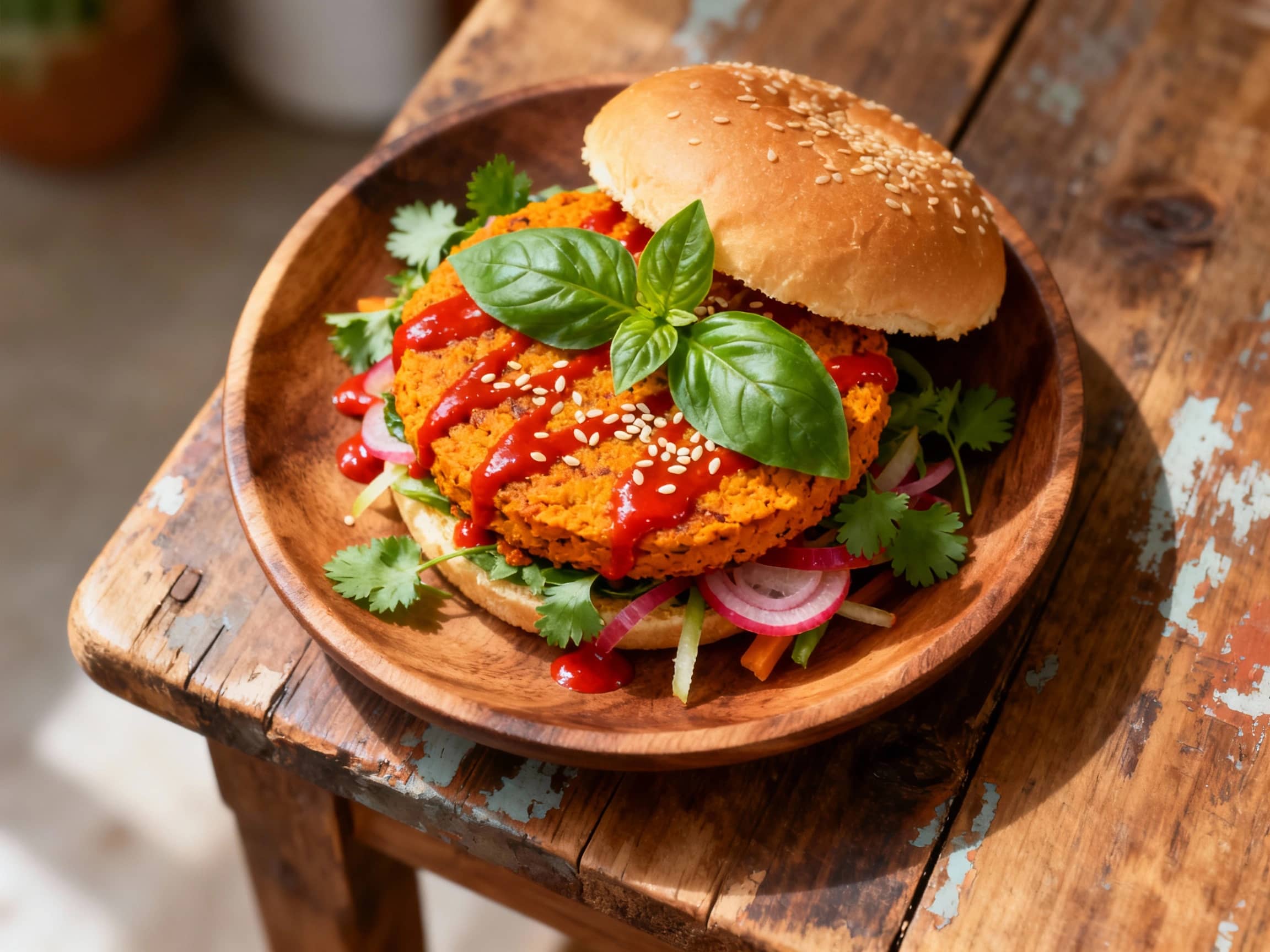 A close-up shot of a Thai Red Curry Sweet Potato Burger. A thick, golden-brown sweet potato patty infused with red curry paste sits on a toasted brioche bun. It's generously topped with a refreshing, bright green cucumber and cilantro slaw, and drizzled with a creamy red sriracha mayo. The burger is presented on a minimalist slate serving board, suggesting a gourmet and accessible plant-based meal