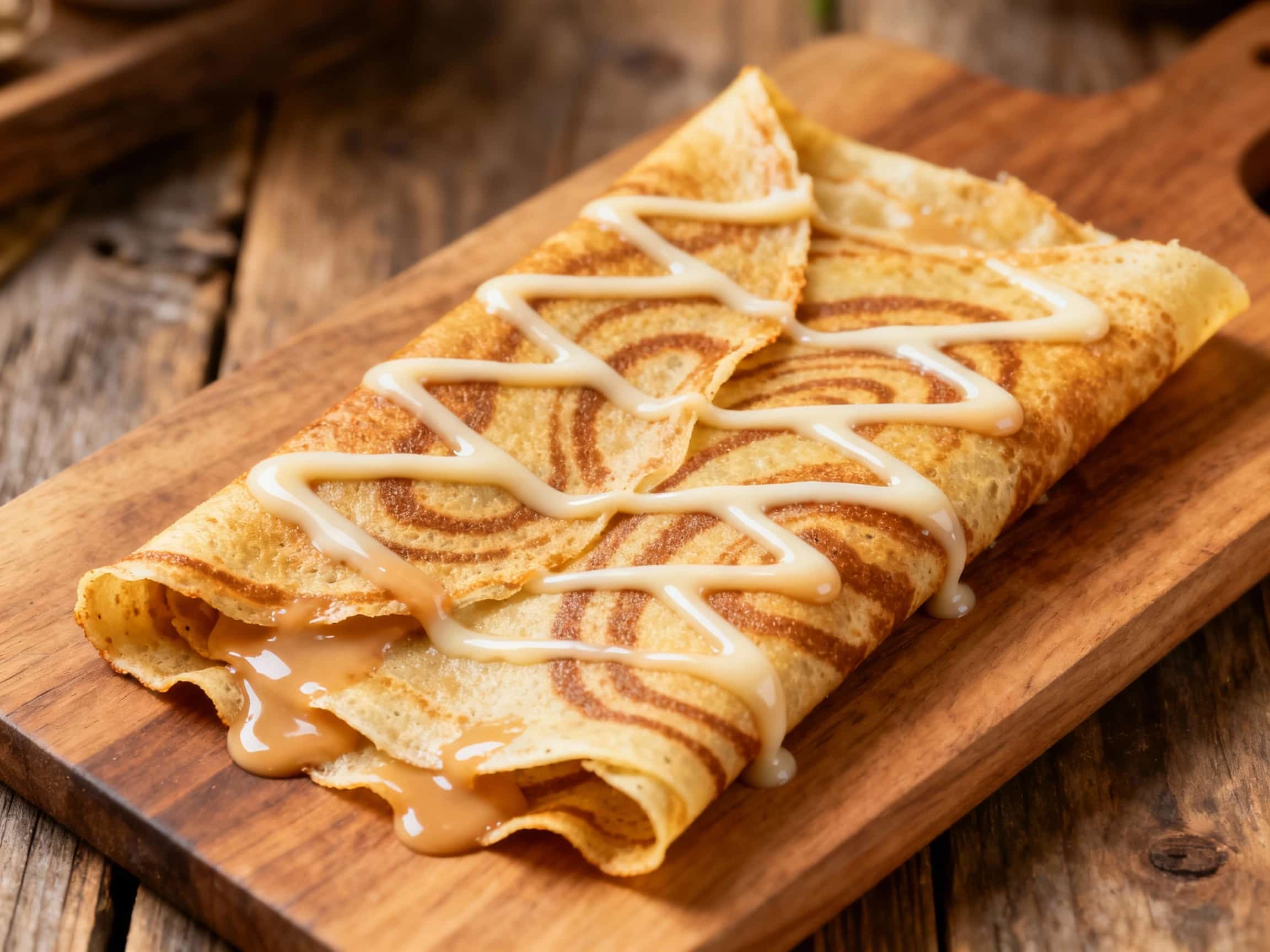 Delicate, golden Thai tea crepes are artfully folded and drizzled with sweet condensed milk, creating an inviting dessert bathed in warm light.