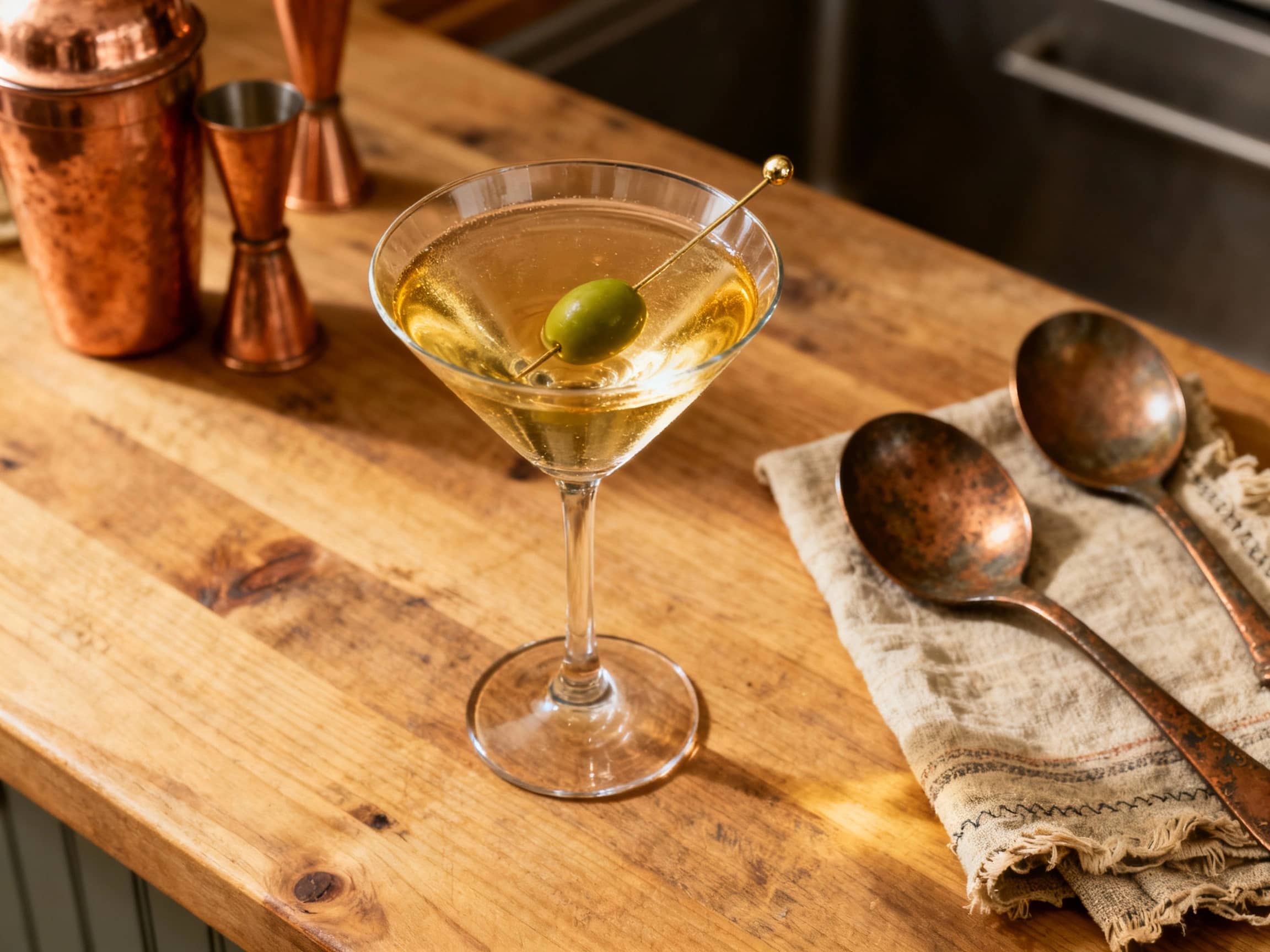 A crystal clear Classic Martini cocktail in a chilled coupe glass, garnished with a bright yellow lemon twist and a single green olive on a silver pick. The sophisticated drink is presented against a softly blurred, dark wooden background, exuding elegance and timeless appeal.