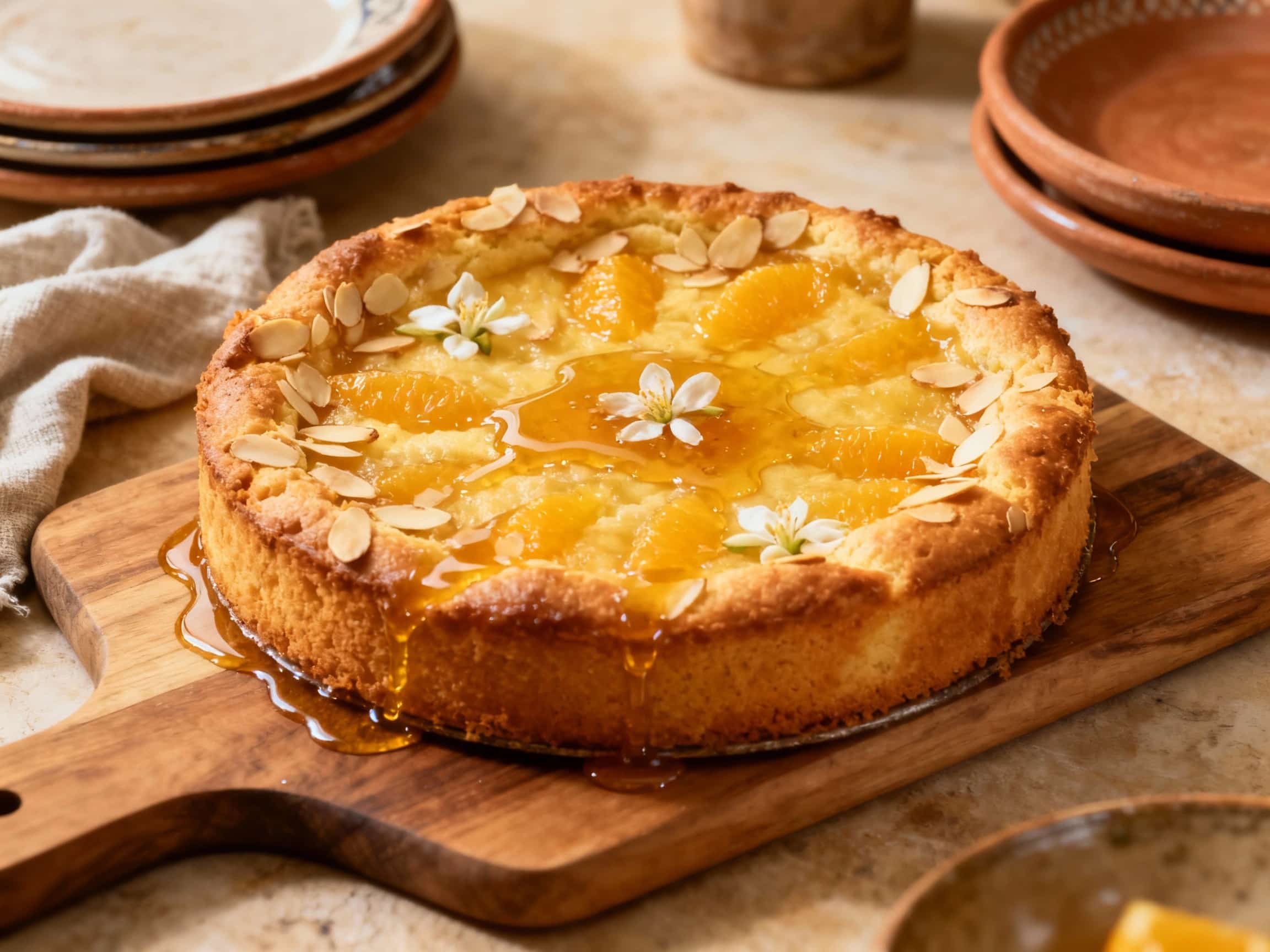 A golden-brown torta tal-lewż, a Maltese almond cake, sits on a rustic ceramic plate, dusted with powdered sugar and garnished with candied orange peel and delicate orange blossom petals.