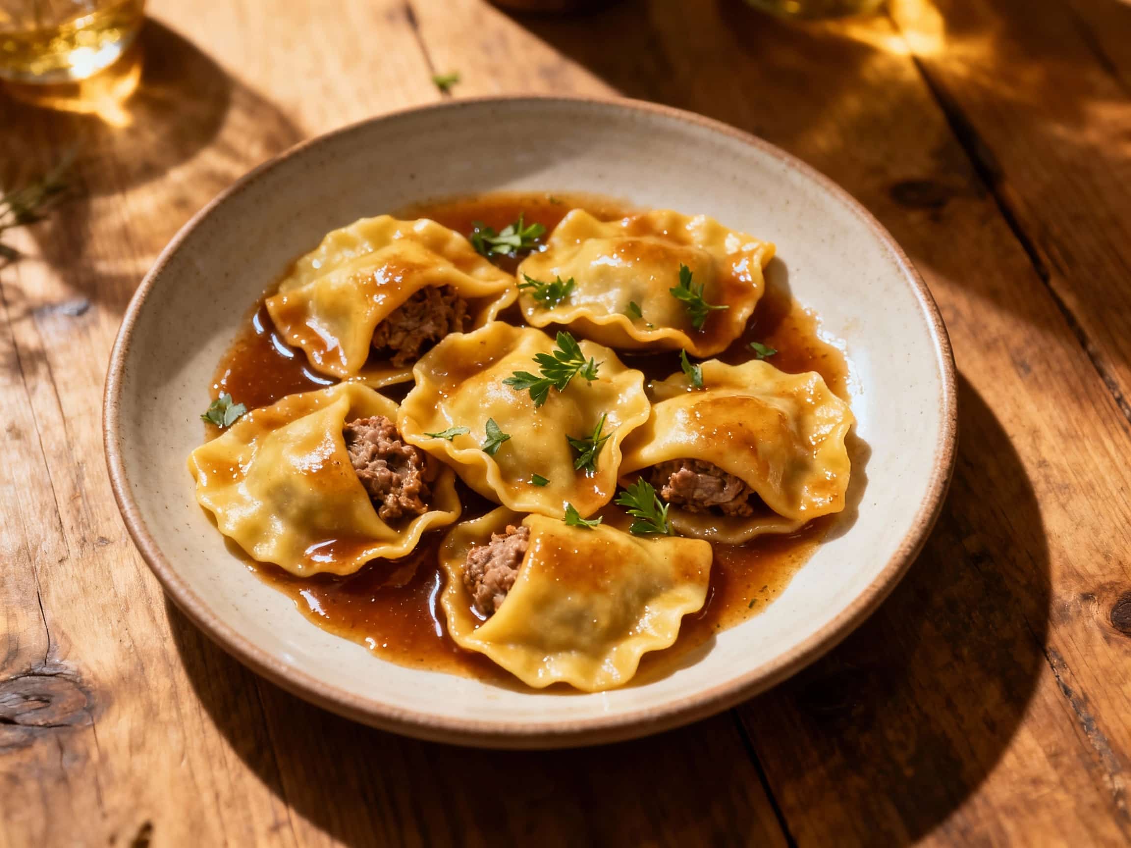 Golden-brown, plump agnolotti del plin, glistening with rich roast jus, are artfully arranged in a rustic ceramic bowl, garnished with fresh green parsley.