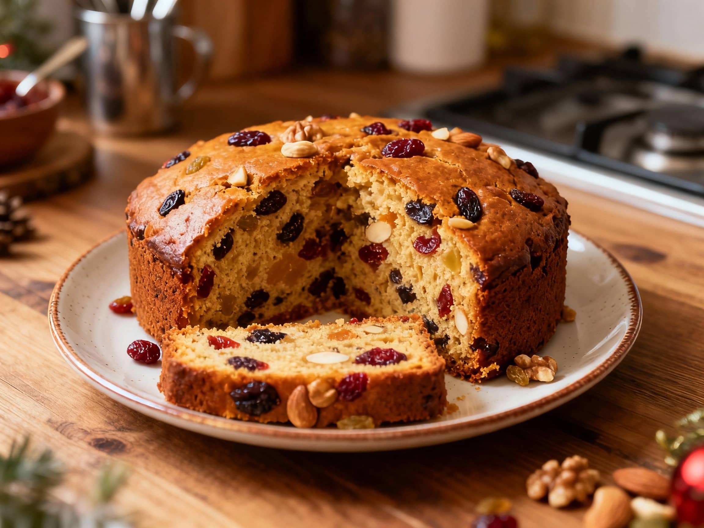 A rich, dark Christmas fruitcake sits on a rustic wooden surface, studded with plump dried fruits and nuts.