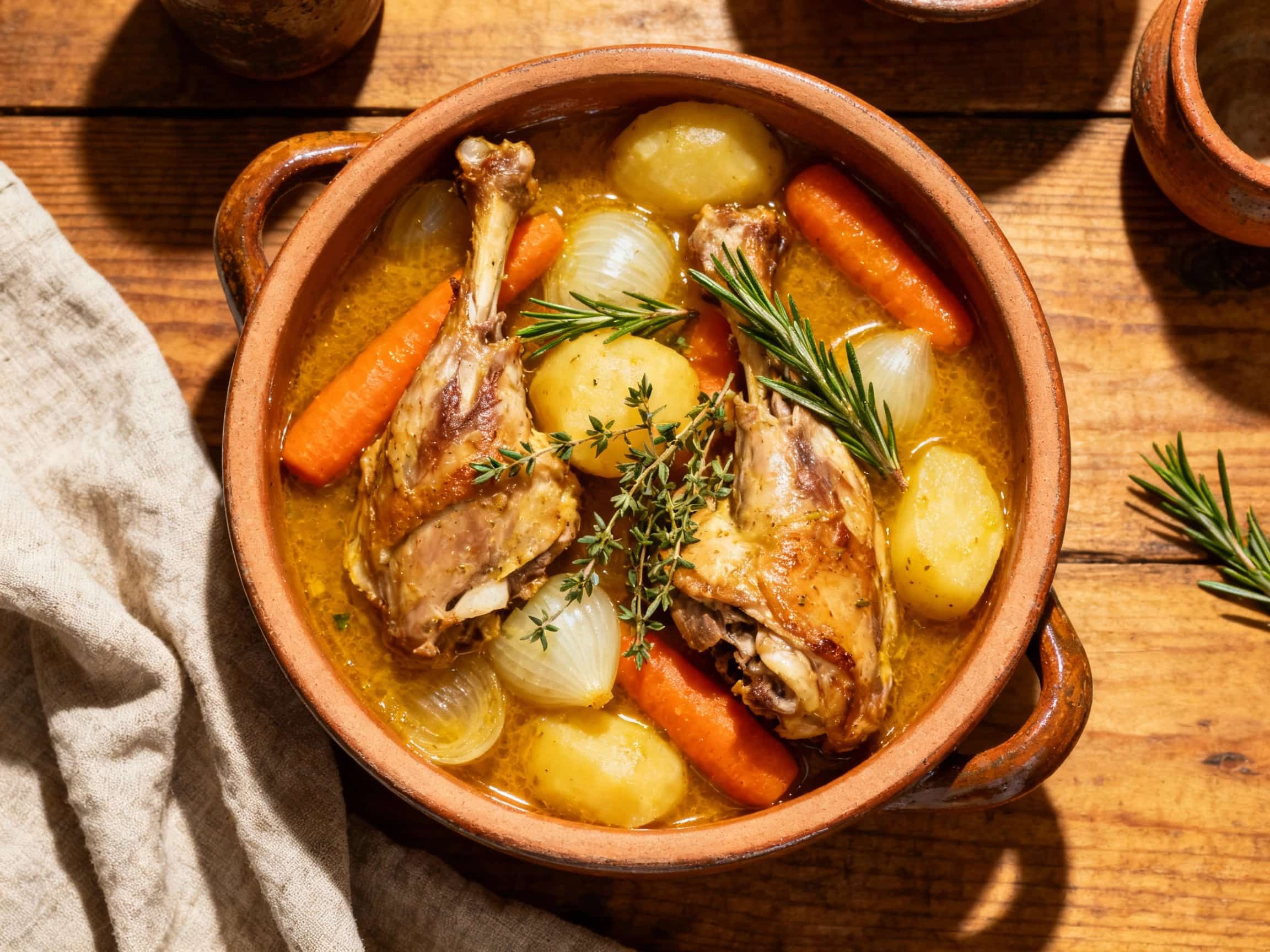 A rustic Maltese rabbit stew simmers in a cast-iron pot, its rich, dark broth studded with tender chunks of rabbit, potatoes, and carrots, ready to be served with crusty bread.