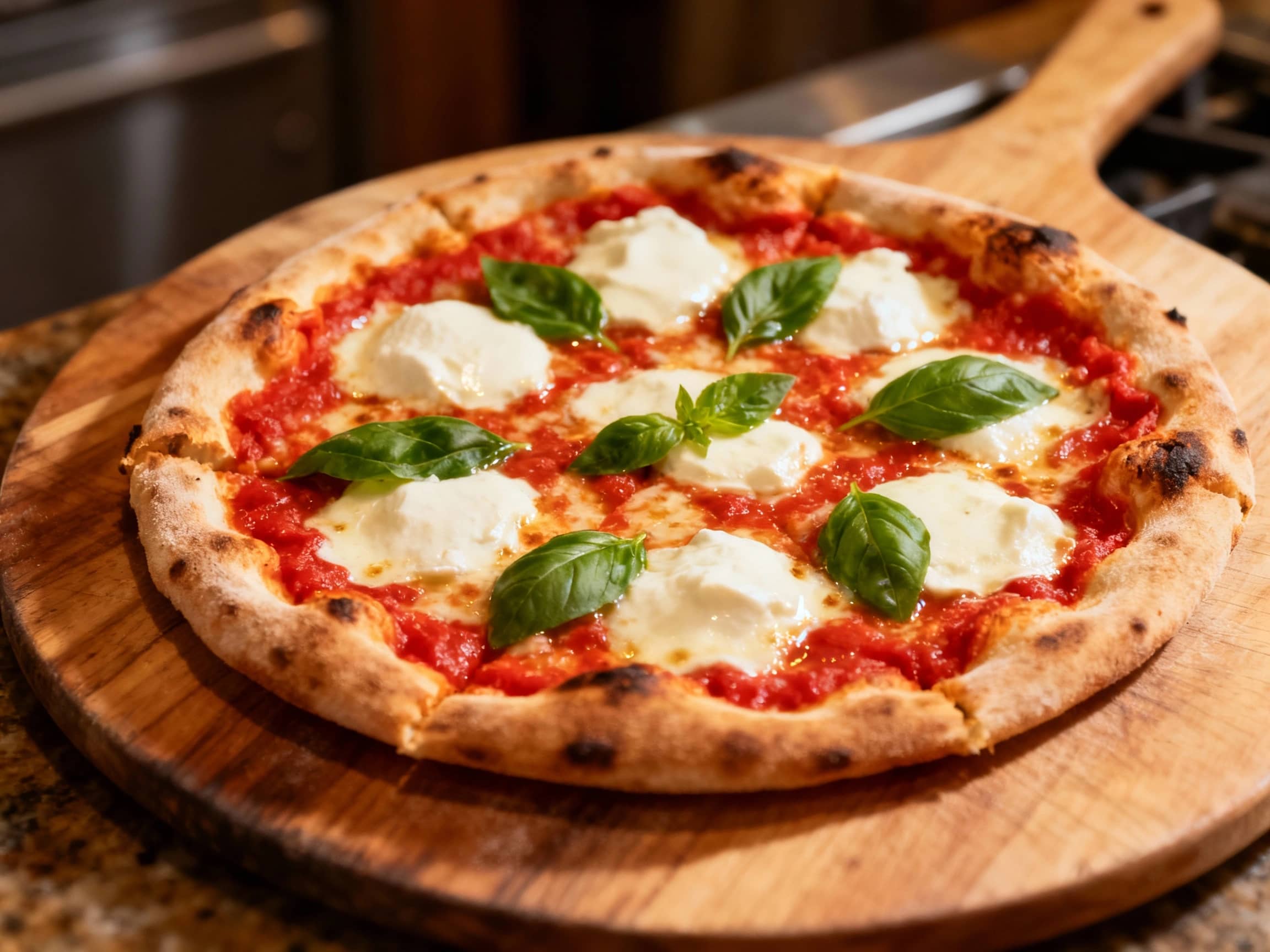 A rustic, perfectly charred Neapolitan pizza Margherita is artfully presented on a wooden board, boasting vibrant San Marzano tomato sauce, melted mozzarella, fresh basil leaves, and a drizzle of olive oil.