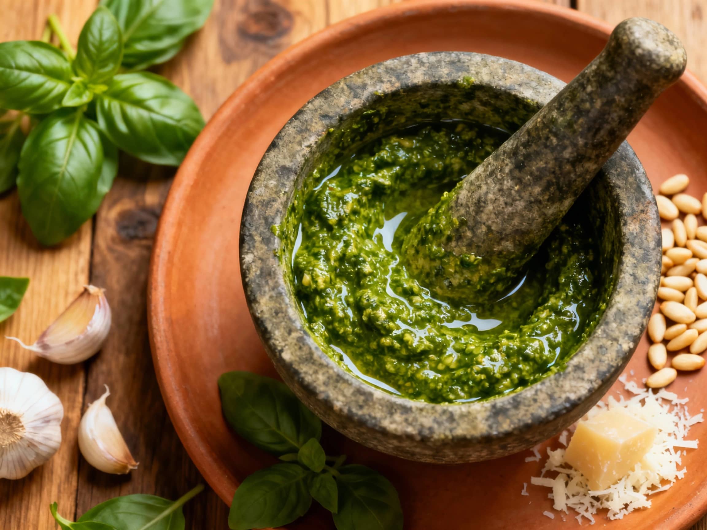 Vibrant green Pesto Genovese, freshly pounded in a classic marble mortar, glistens with olive oil, smelling of basil, garlic, and pine nuts.