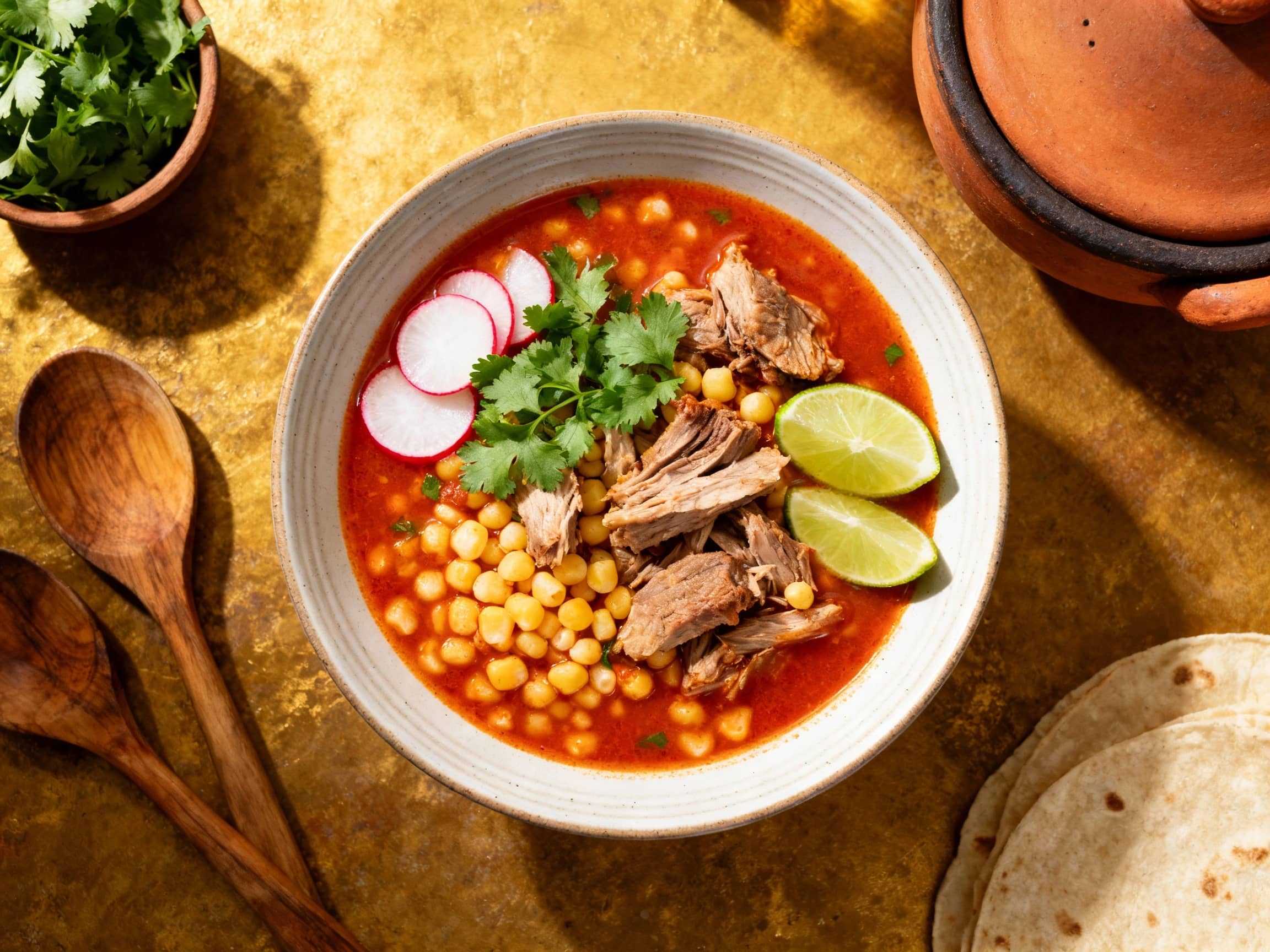A steaming bowl of rich, red pozole rojo is generously filled with tender pork and hominy, garnished with vibrant green shredded cabbage, thinly sliced radishes, and a lime wedge.