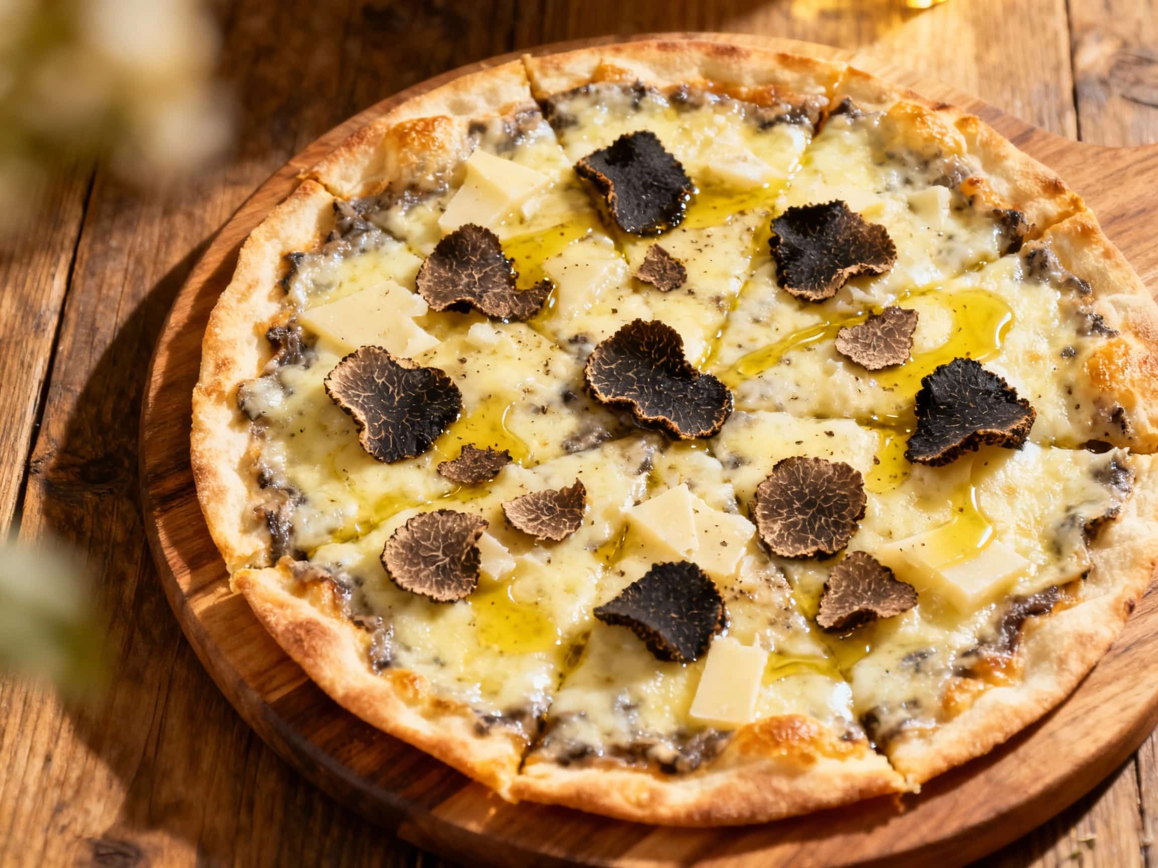 A rustic, thin-crust Roman pizza topped generously with creamy truffle sauce, salty pecorino cheese, and earthy mushrooms, presented on a dark slate surface.