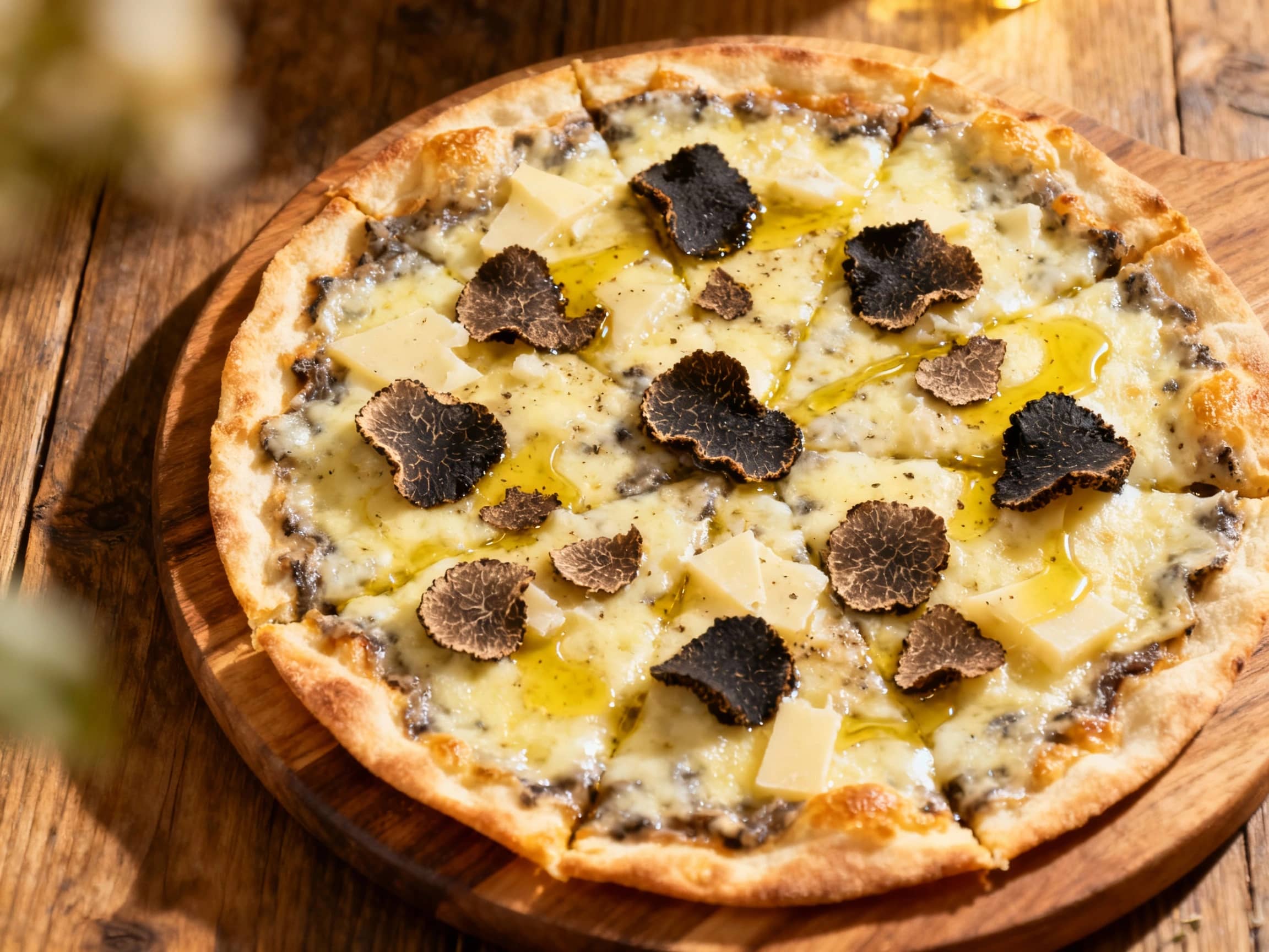 A rustic, thin-crust Roman pizza topped generously with creamy truffle sauce, salty pecorino cheese, and earthy mushrooms, presented on a dark slate surface.