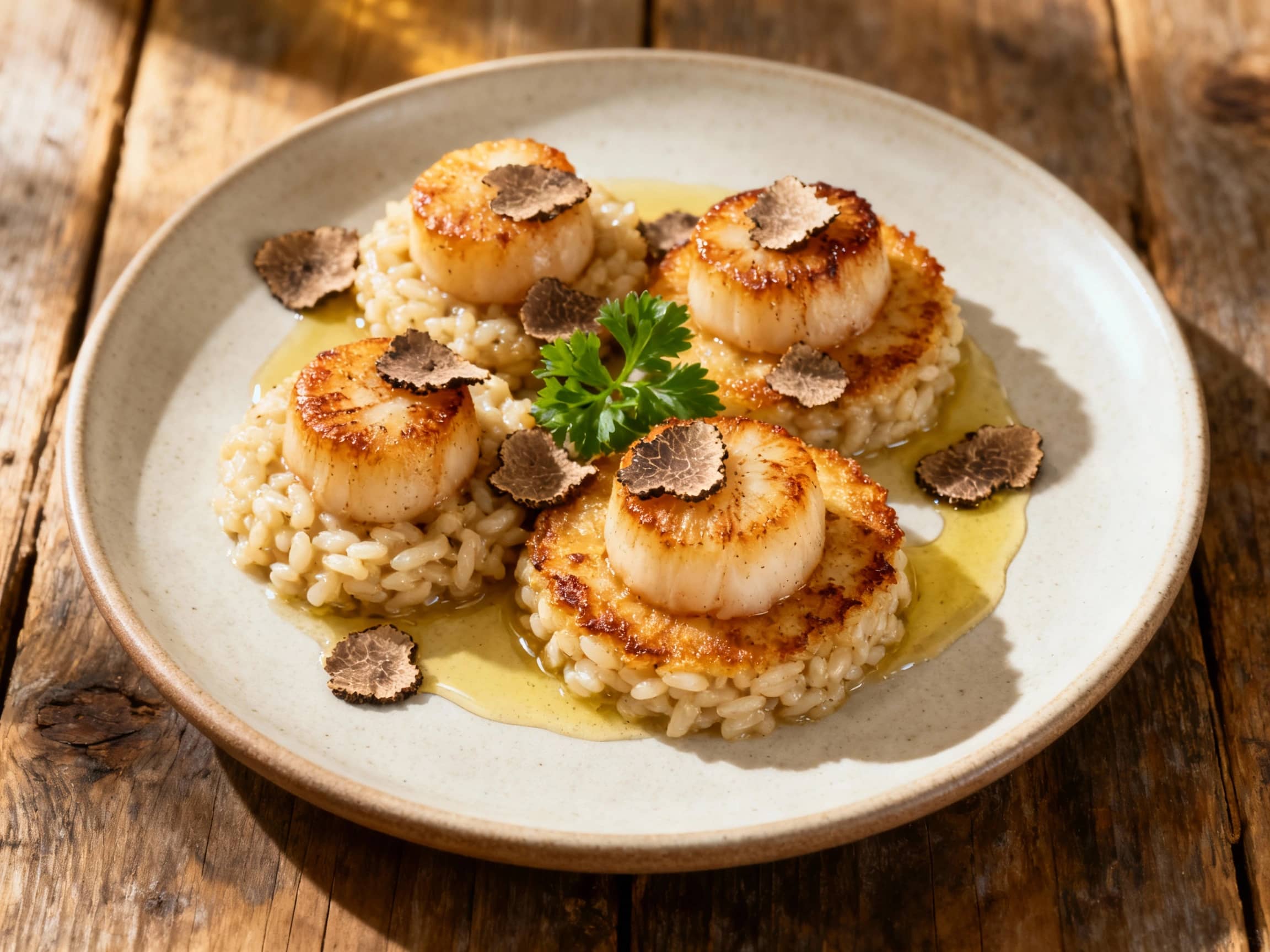Golden, pan-seared scallop medallions rest atop creamy, delicate risotto cakes, finished with a drizzle of truffle oil and fresh parsley for an elegant appetizer.