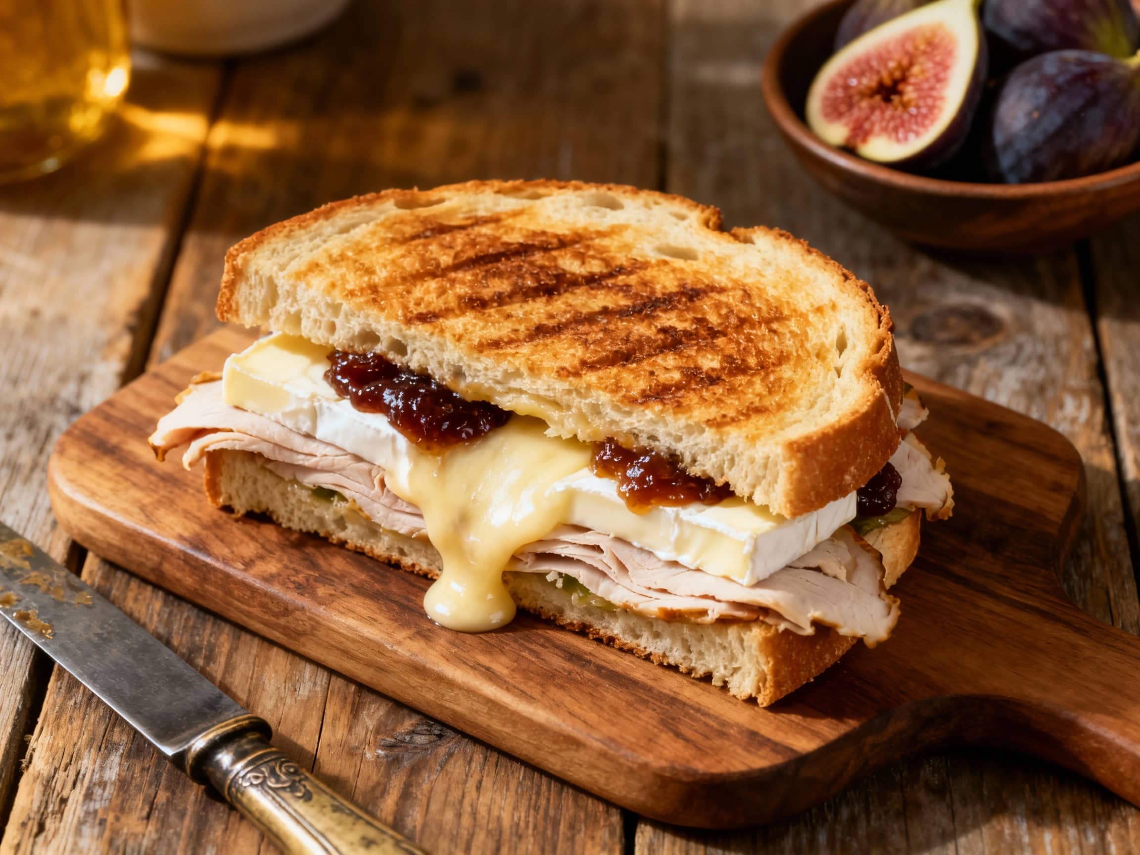 A close-up of a beautifully golden-brown and pressed turkey and brie panini, sliced diagonally to reveal distinct layers of creamy melted brie, succulent roasted turkey, and sweet fig jam, with a slight ooze of jam. It rests on a rustic wooden board, garnished with a side of fresh, peppery arugula, creating an inviting and gourmet presentation for a satisfying lunch.