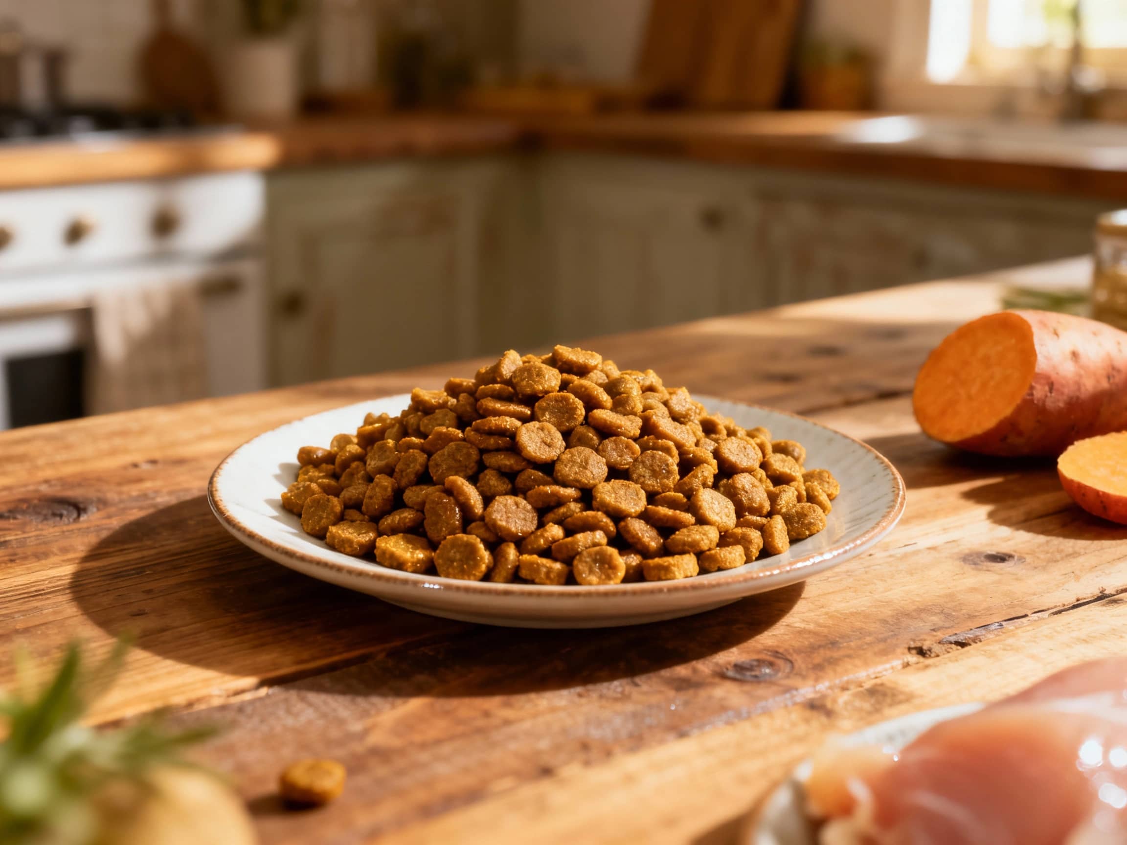 A rustic ceramic bowl overflowing with small, irregularly shaped pieces of homemade dry cat food kibble. The kibble varies in color from dark brown to lighter orange, indicating its turkey and sweet potato ingredients, and has a visibly crunchy texture. The bowl rests on a rustic wooden surface under soft, natural lighting, conveying a sense of wholesome, homemade pet nutrition.