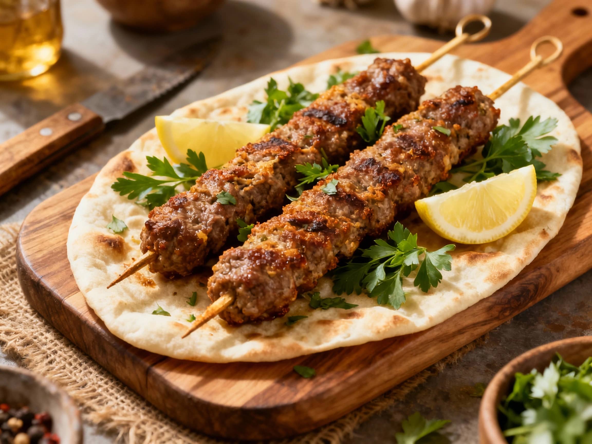 Tender lamb kofta kebabs, grilled to a beautiful char and glistening with juices, are presented artfully on a white platter, sprinkled with fresh parsley and red pepper flakes for a vibrant finish.