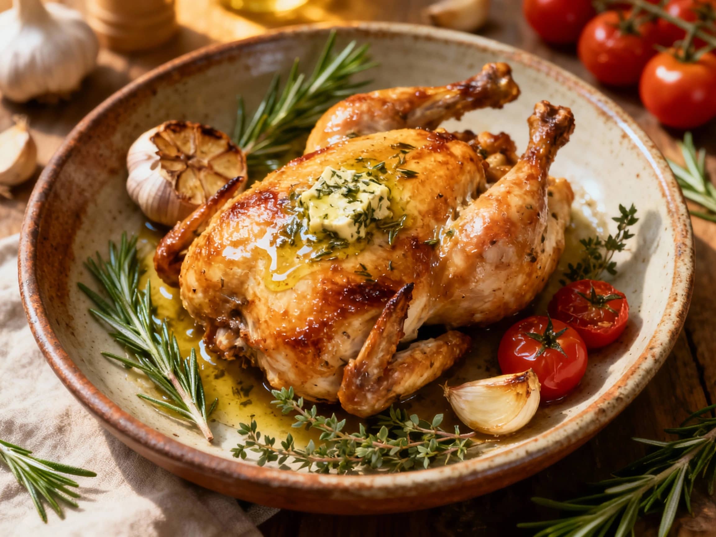 Golden-brown baked chicken breasts rest on a rustic white plate, glistening with a herb butter sauce and sprinkled with fresh rosemary and thyme for a savory Tuscan feel.