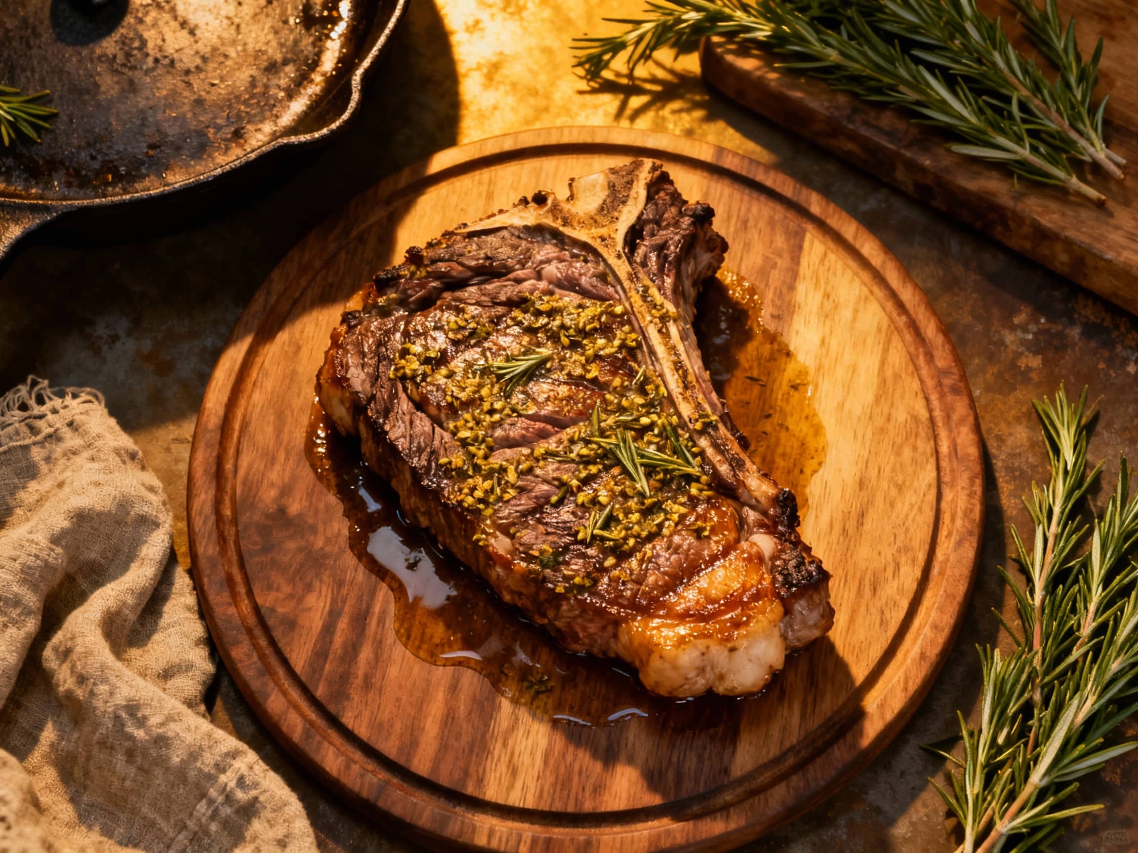A thick, grilled Fiorentina steak, richly bronzed and seasoned with Tuscan herbs, rests on a rustic wooden board, ready to be carved.